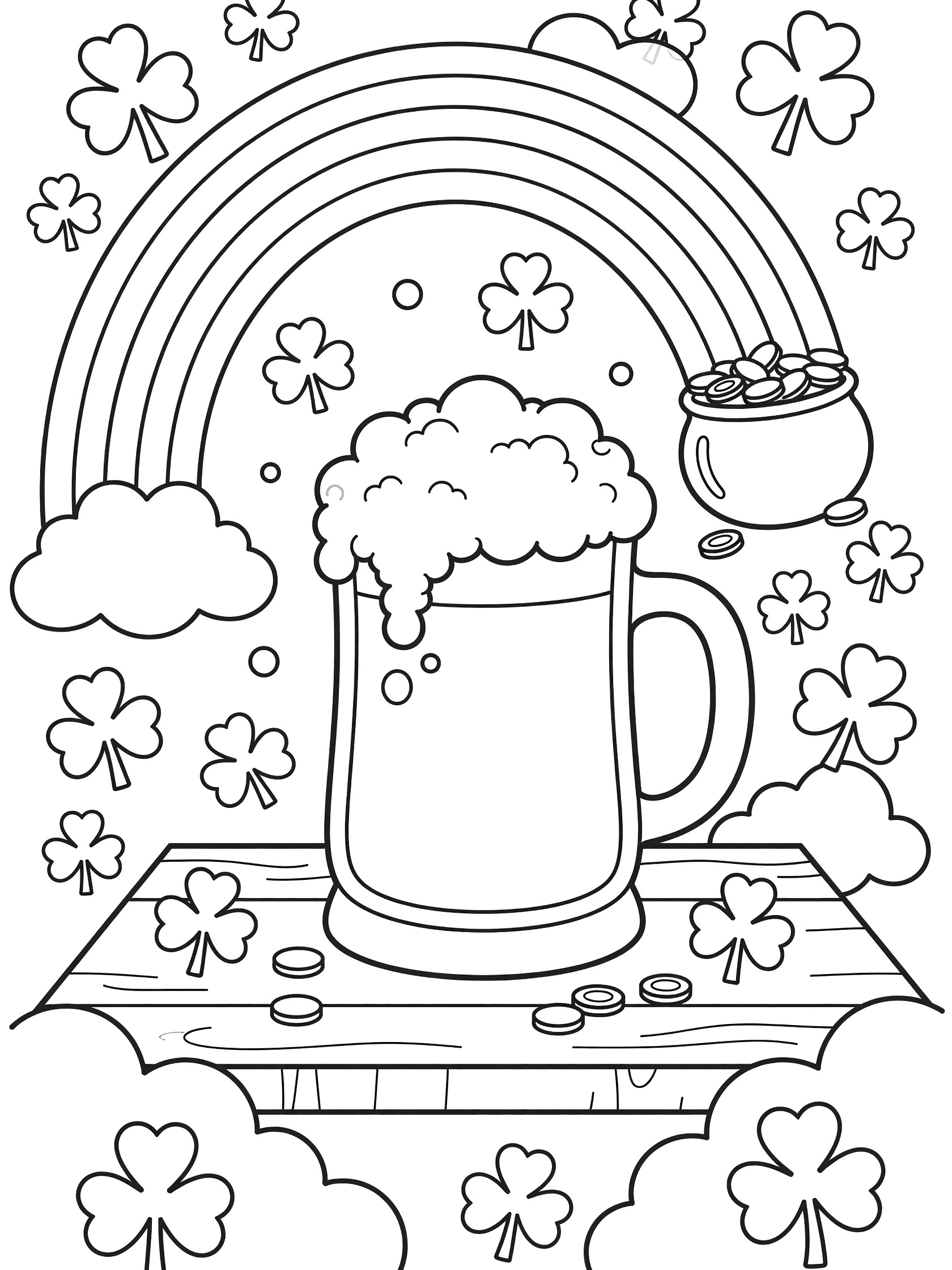 Printable coloring page showing a large beer mug overflowing with foam on a table with shamrocks, a rainbow arching over it ending in a pot of gold, floating clovers and clouds.