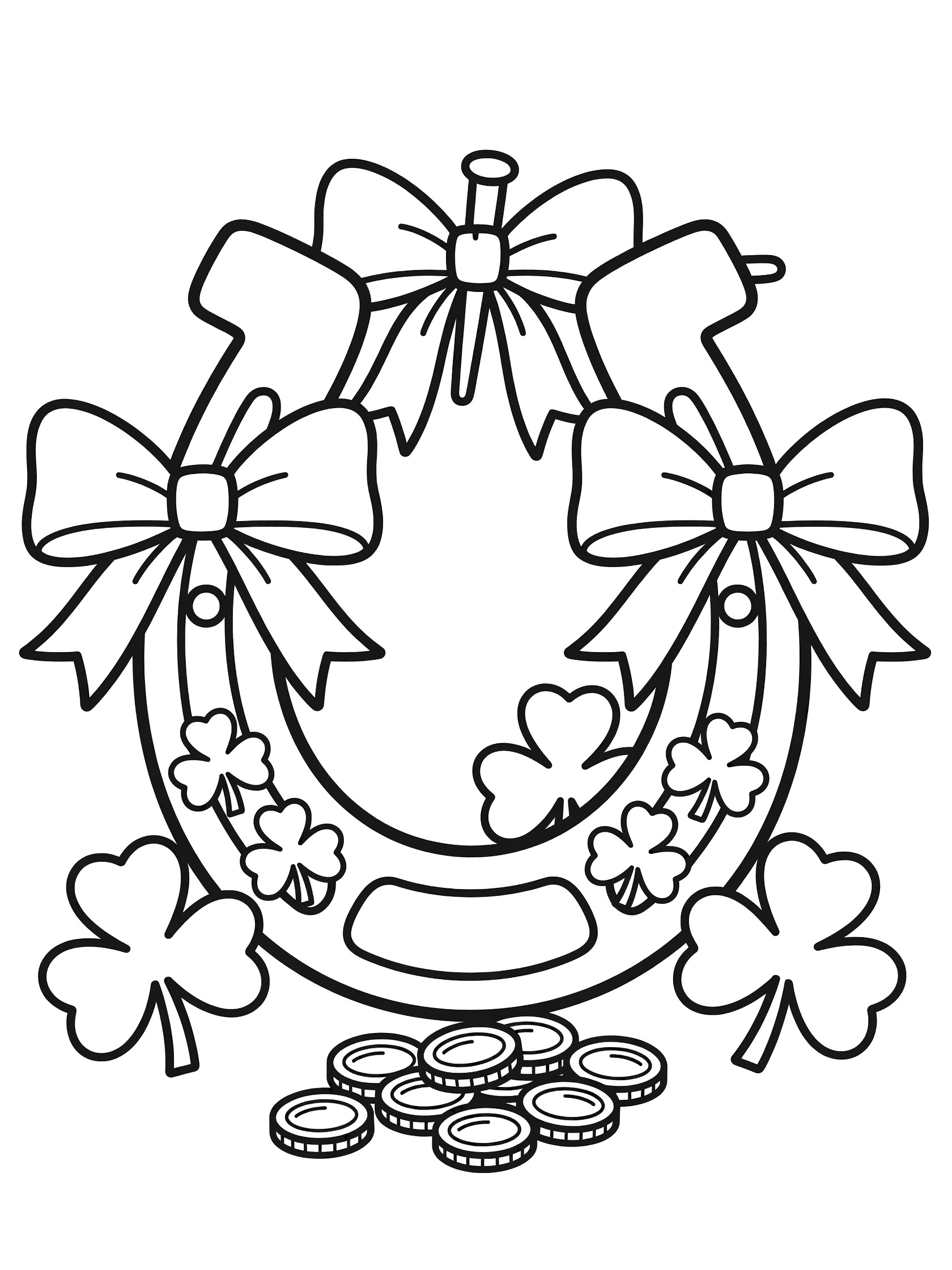 Cute cartoon horseshoe coloring page with three ribbon bows, shamrocks around the bottom, gold coins below, and a wooden nail, perfect for St. Patrick's Day.