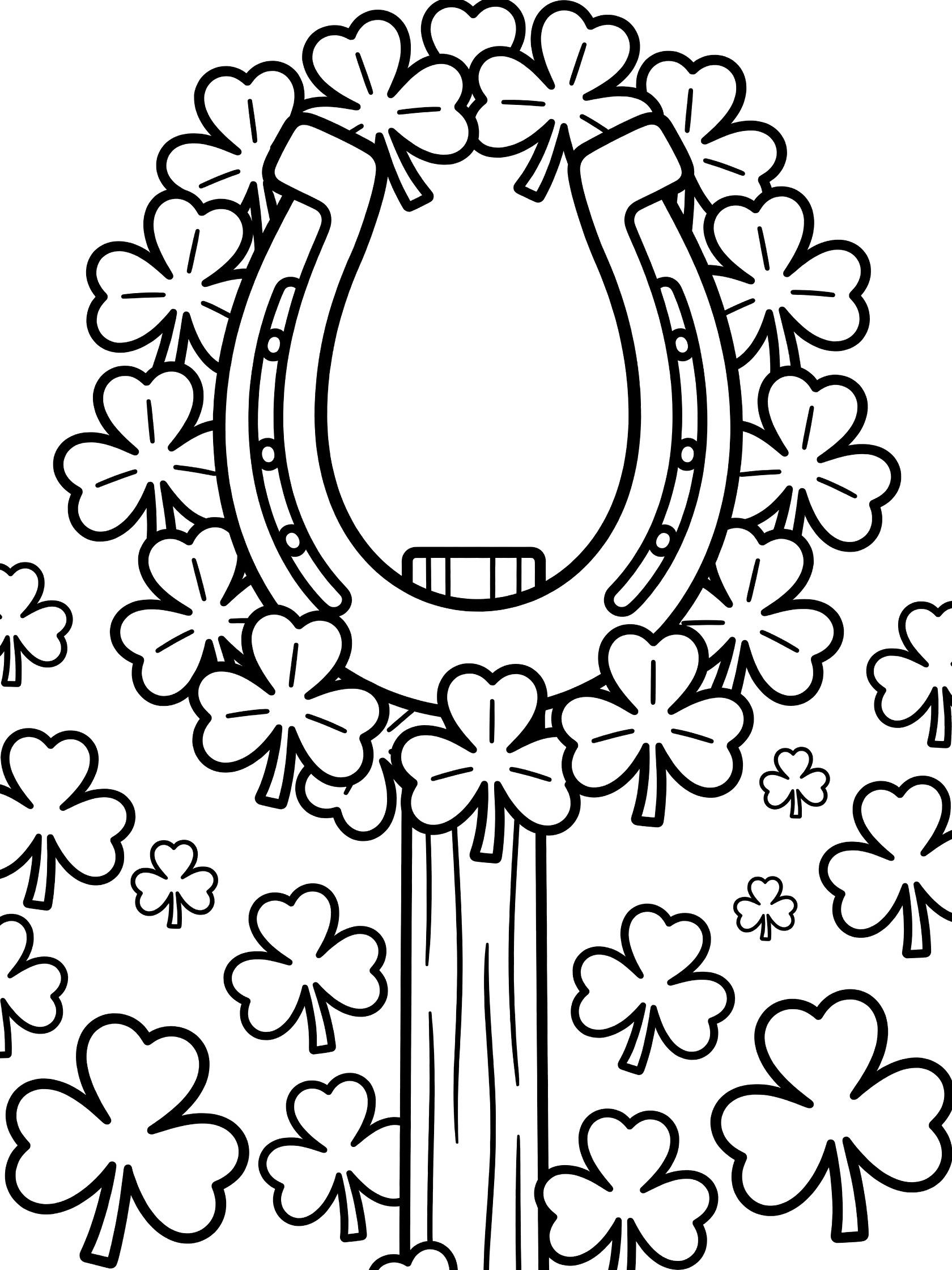 Black and white coloring page showing a large upside-down horseshoe on a wooden fence post, wrapped in a thick wreath of overlapping shamrocks and four-leaf clovers.