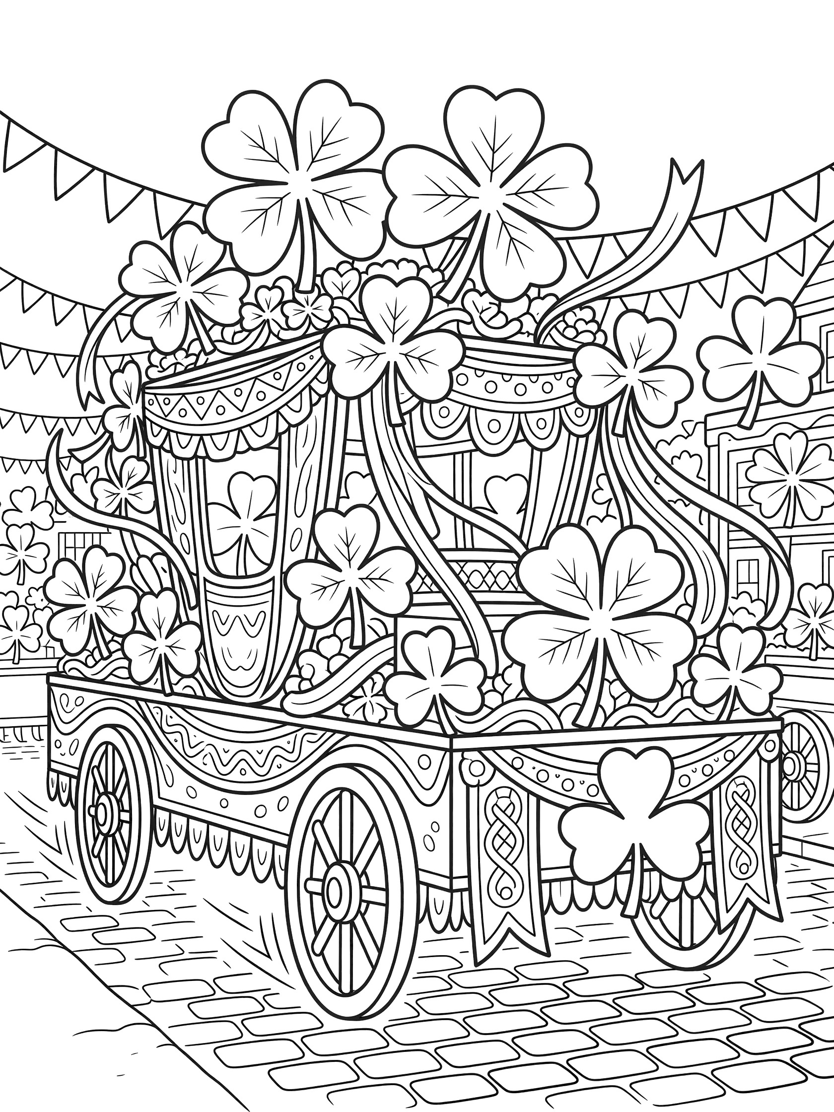Black and white line art coloring page showing a St. Patrick's Day parade float decorated with oversized four-leaf clovers, ribbons, banners, and wheels on a street.