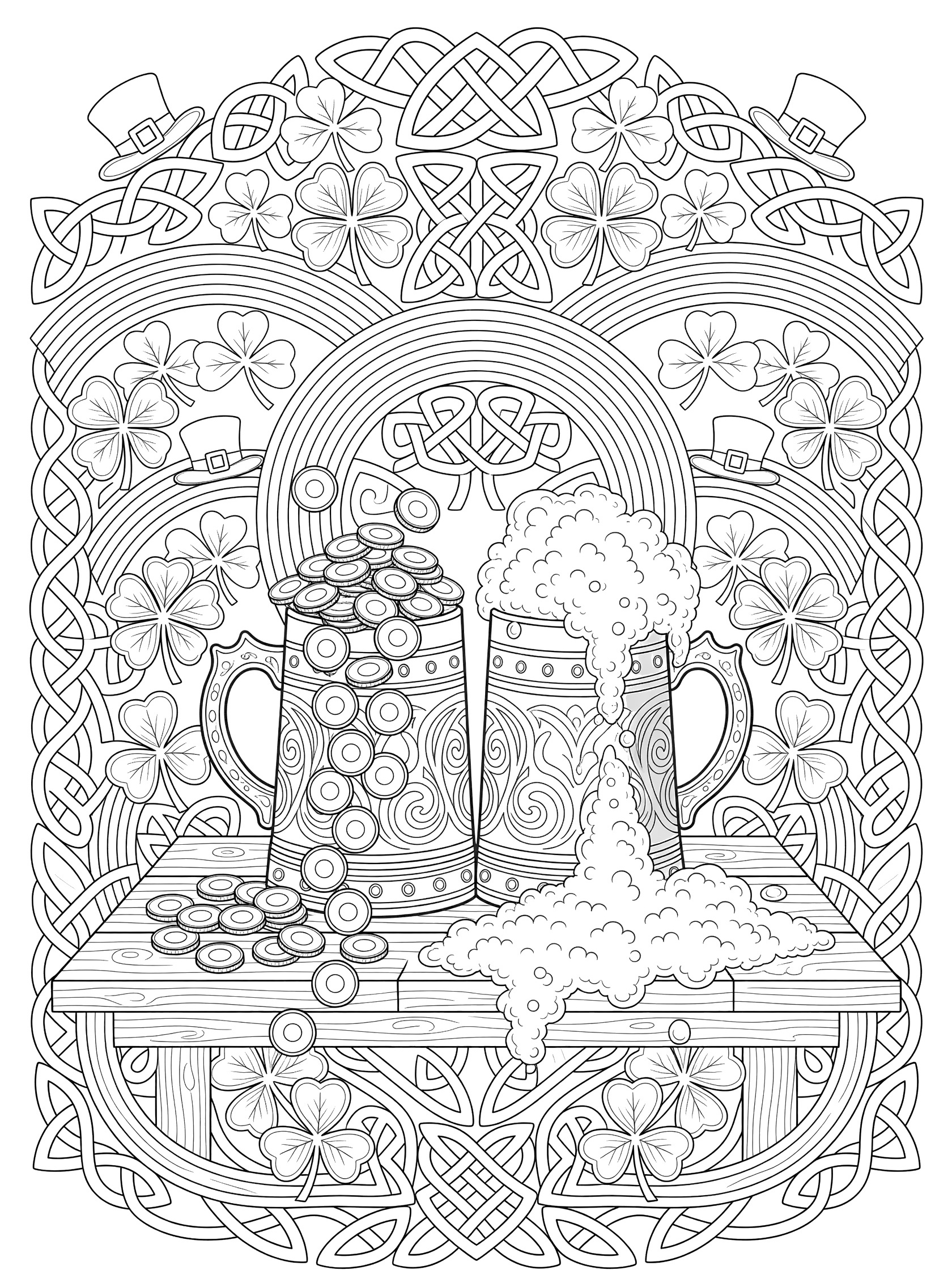 Detailed line art coloring page featuring symmetrical beer steins as pots of gold spilling gold coins and frothy foam, with four-leaf shamrocks, rainbows, Celtic knots, leprechaun hats and wooden table.