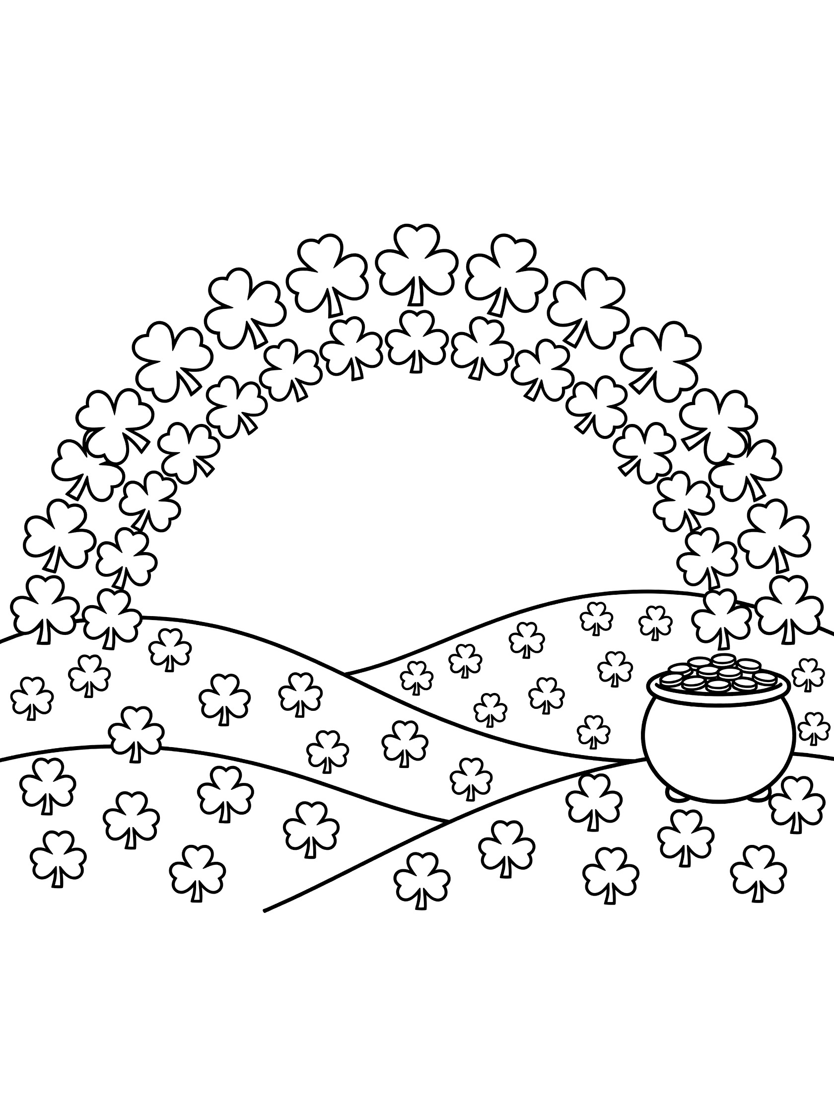 Black and white line art coloring page showing a rainbow arc of linked clover shamrocks, green hills with clovers, and pot of gold coins at the end.
