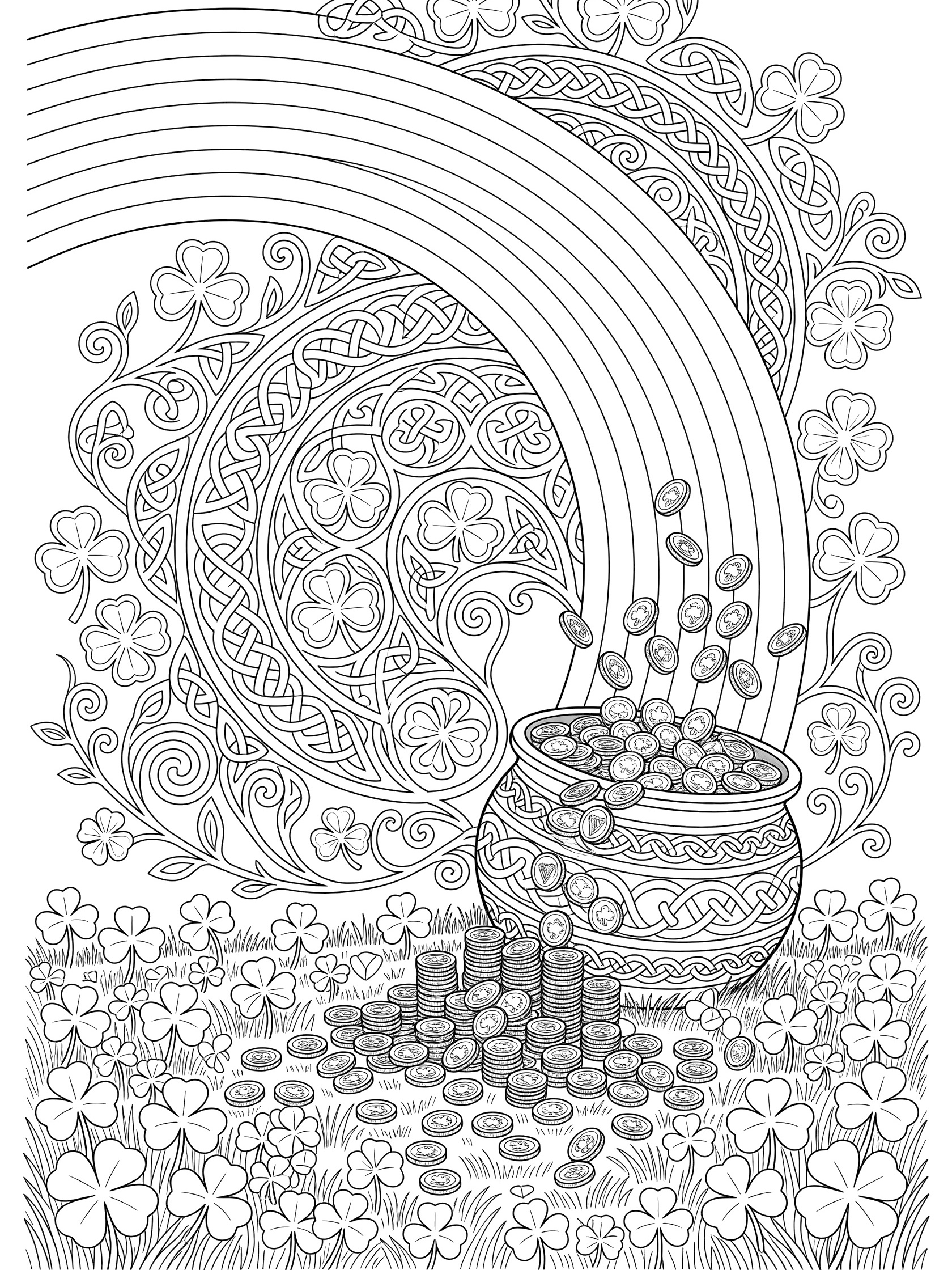 Detailed line art coloring page showing a rainbow arching over an ornate pot of gold spilling coins onto grass with shamrocks, clovers, and swirling Celtic patterns.