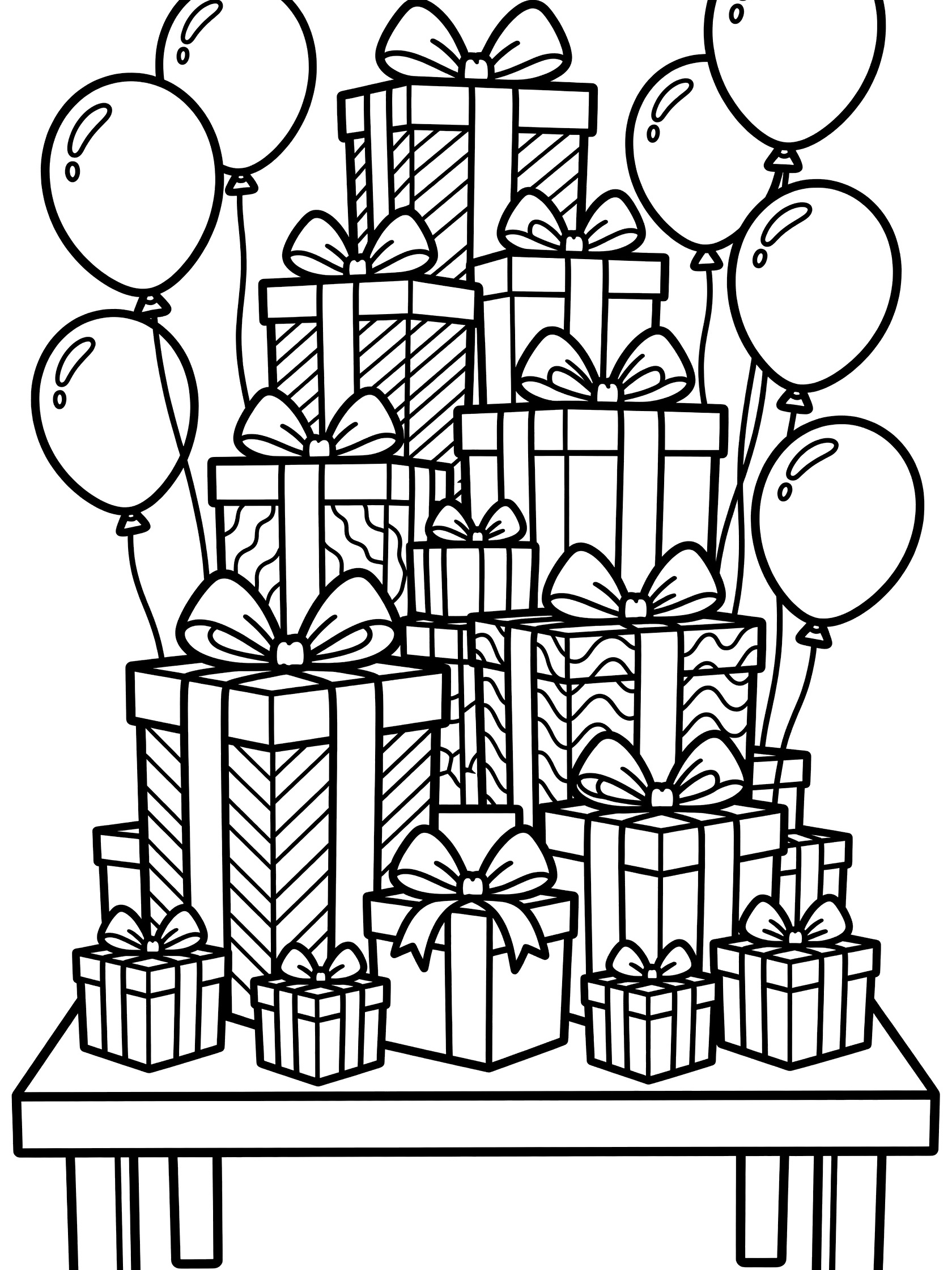 Black and white line art of a tall stack of rectangular and square birthday presents with ribbons and bows on a table, surrounded by floating balloons.