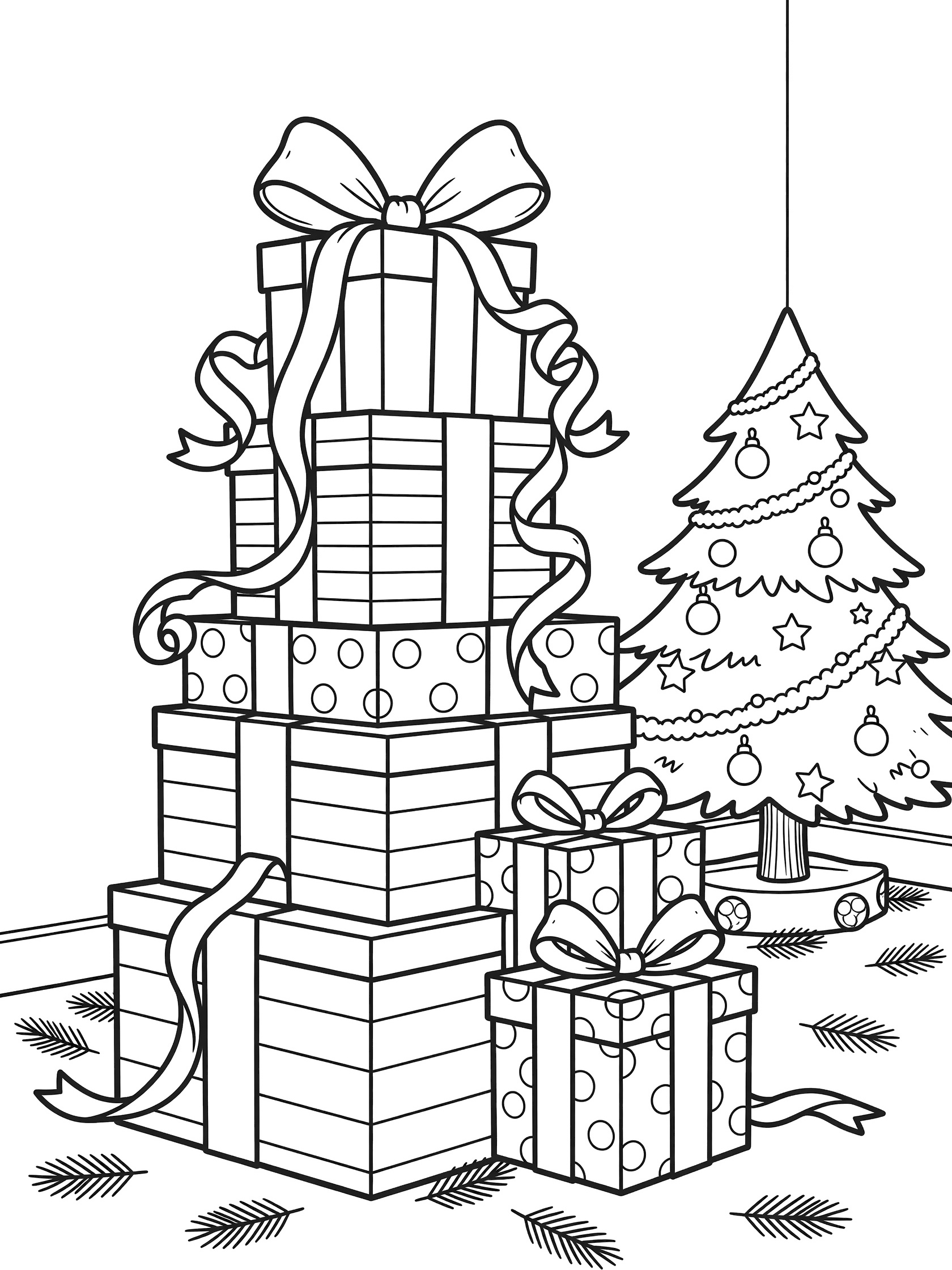 Black and white line drawing of a tall stack of rectangular gift boxes wrapped with bows and ribbons, beside a Christmas tree with star and round ornaments, on a floor with scattered leaves.