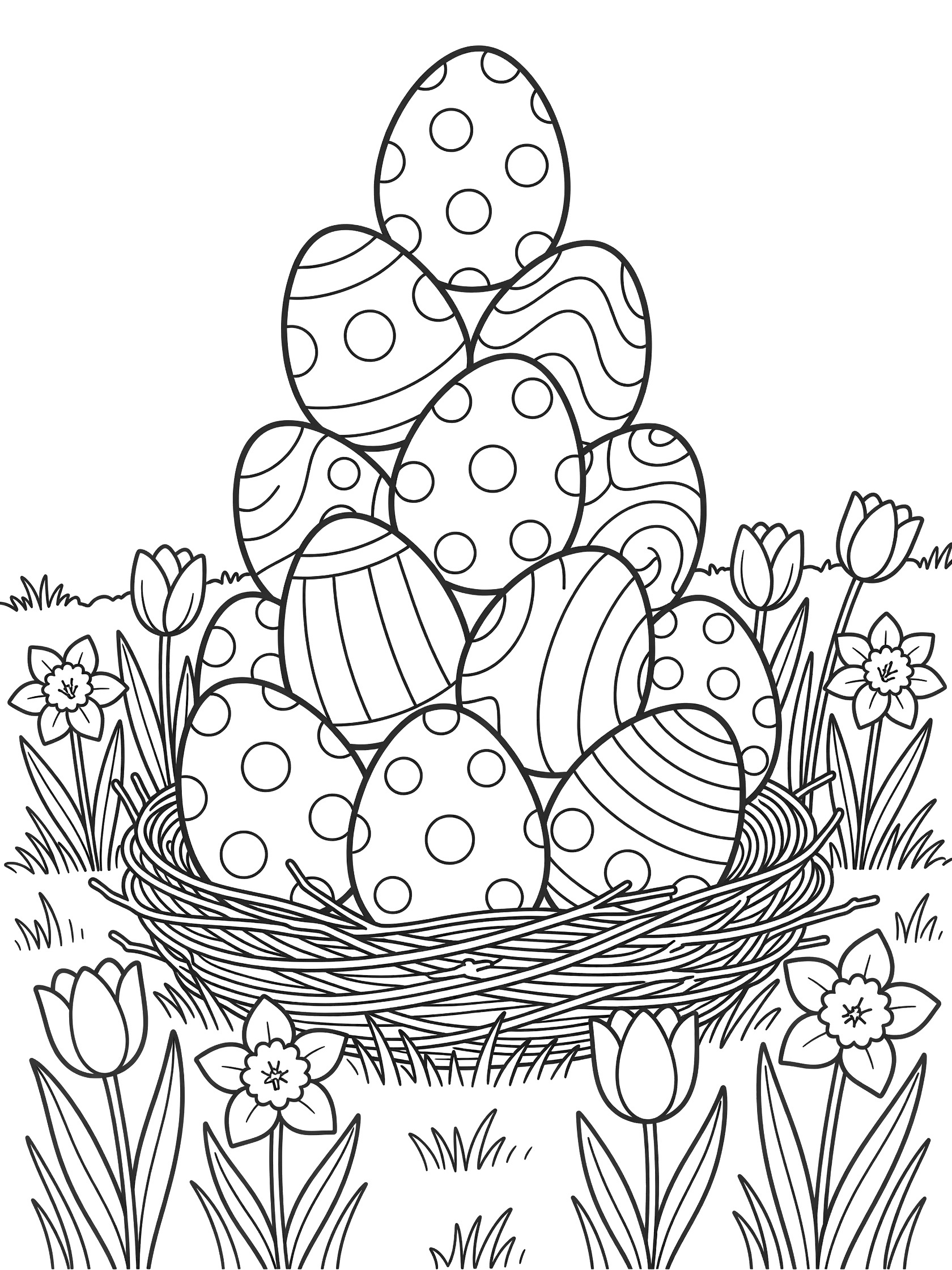 Printable coloring page showing a whimsical stack of patterned Easter eggs piled in a nest surrounded by spring flowers and grass