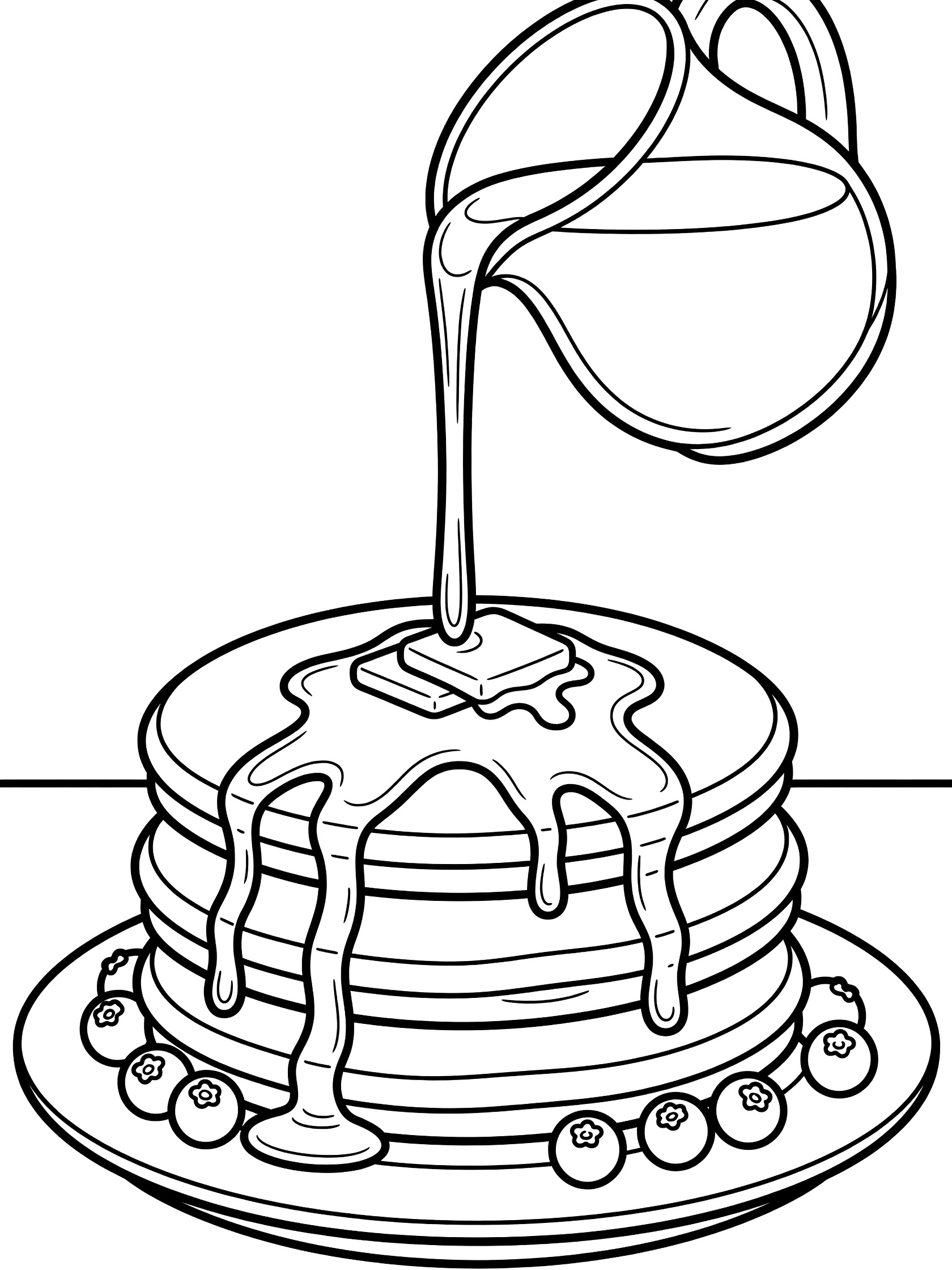 Line art coloring page showing three stacked pancakes with golden syrup dripping down from a pitcher, butter pats on top, and blueberries on the plate