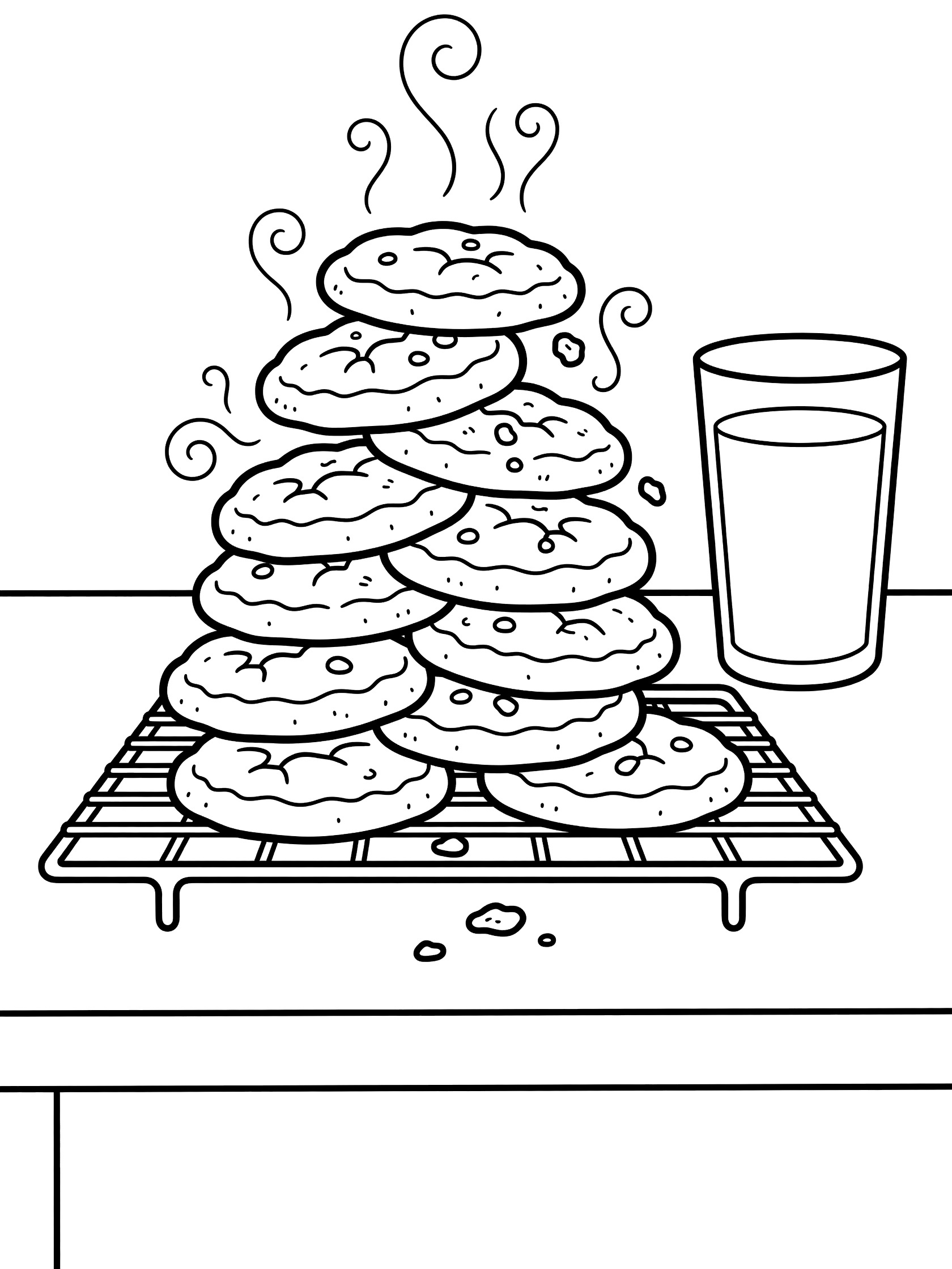 Black and white line art of cookies stacked into a wobbly tower on a cooling rack with steam lines, crumbs, and a glass of milk.