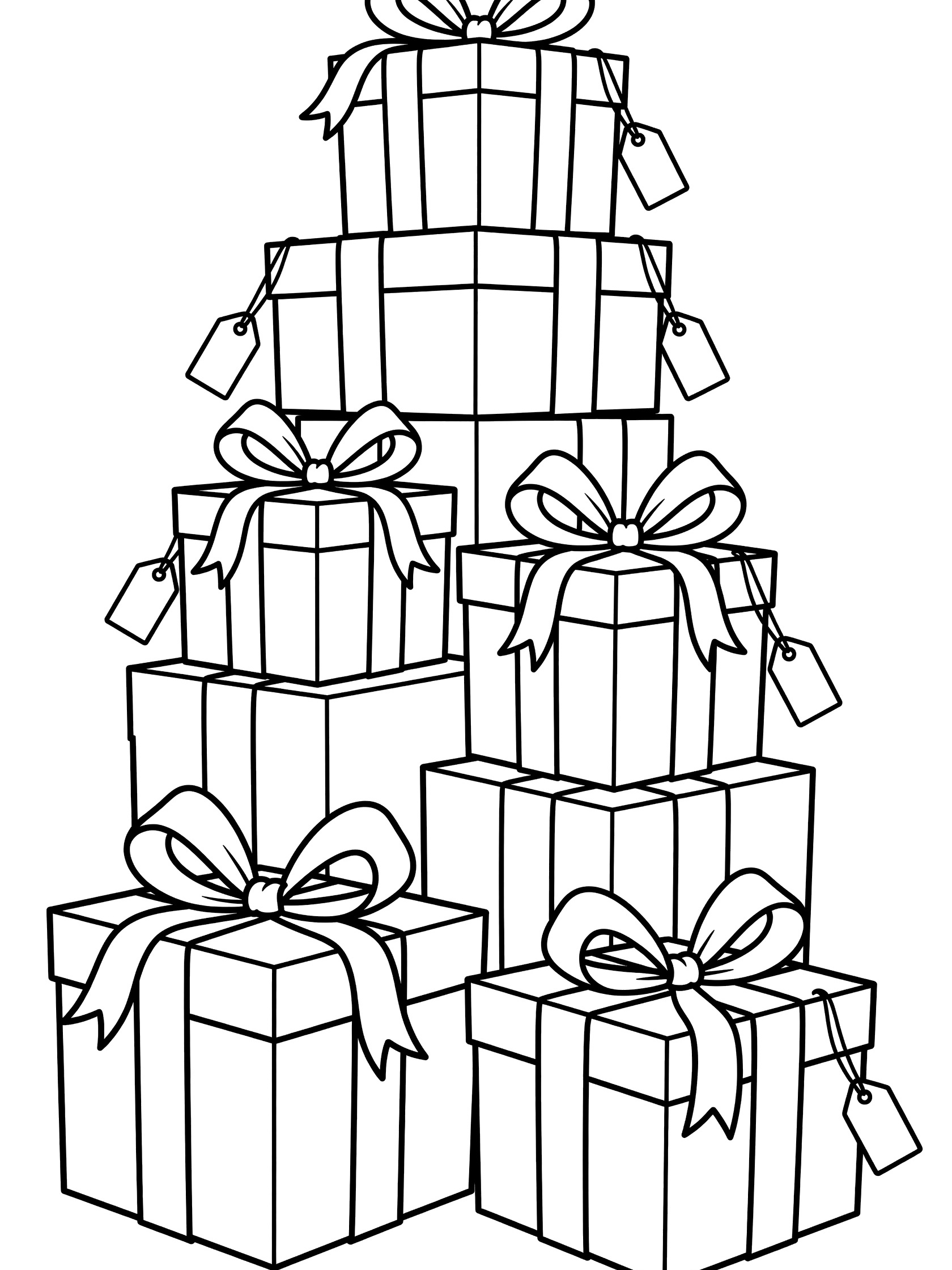 Black and white line art coloring page showing a tall stack of rectangular gift boxes wrapped with bows and ribbons, tags hanging from some boxes. 10th Birthday themed black and white printable line art