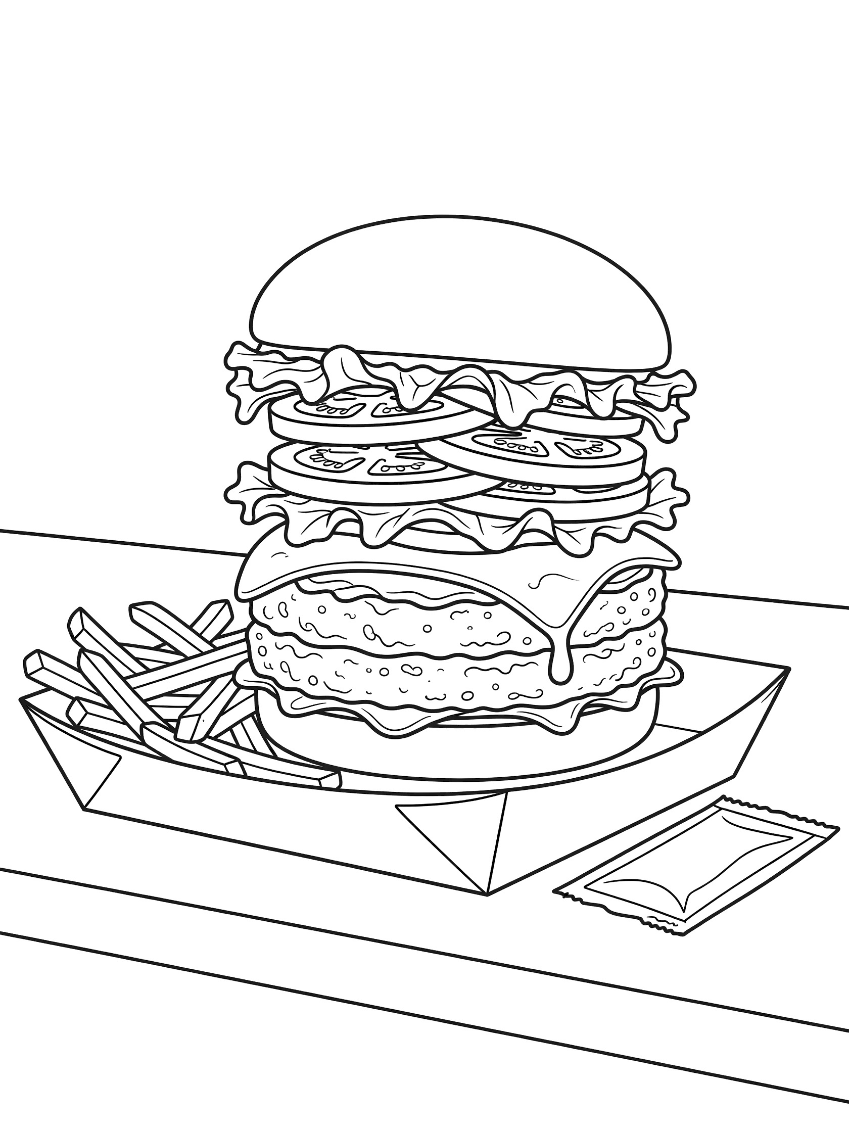 Line art coloring page showing a stacked cheeseburger with juicy patty, melting cheese, lettuce, tomato slices, french fries and ketchup packet on a paper tray