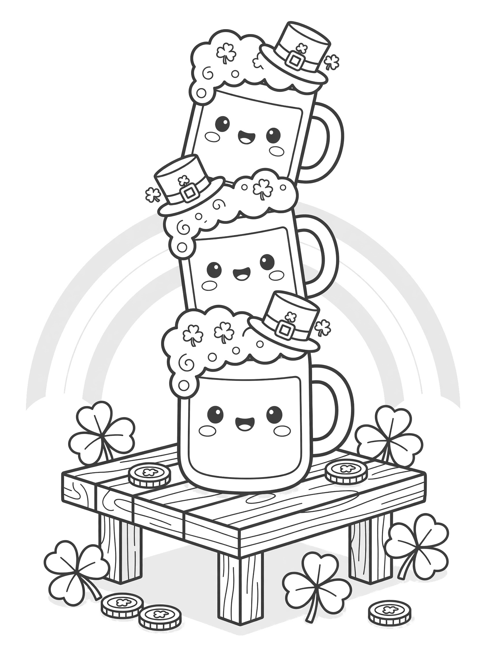 Black and white coloring page of playful stacked beer mugs wearing leprechaun hats, overflowing with shamrock foam, on a wooden table with clovers, coins, and rainbow.