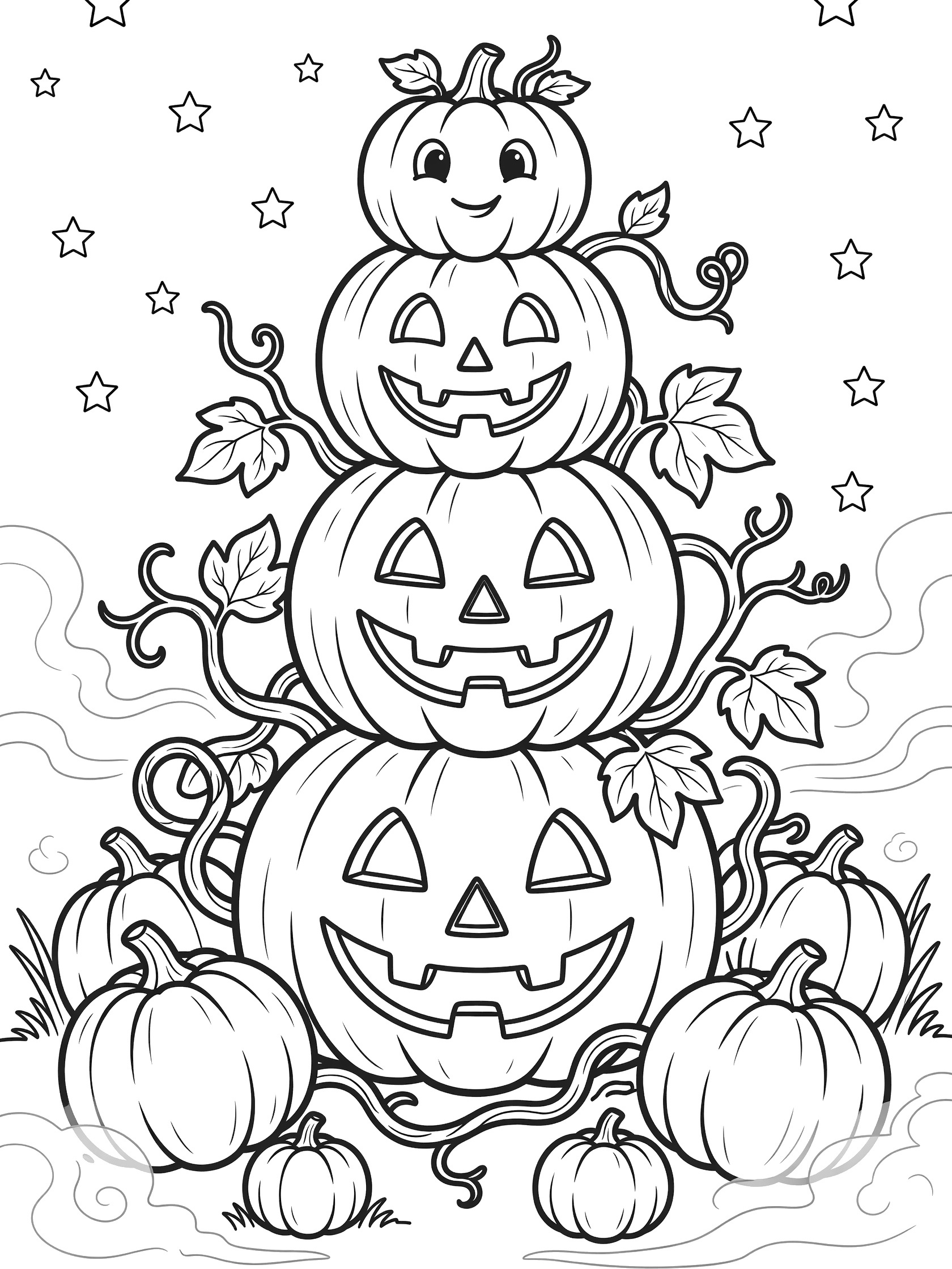 Black and white line art of three jack-o-lanterns stacked in a wobbly tower surrounded by pumpkin vines, small pumpkins, stars in the night sky, and foggy swirls.