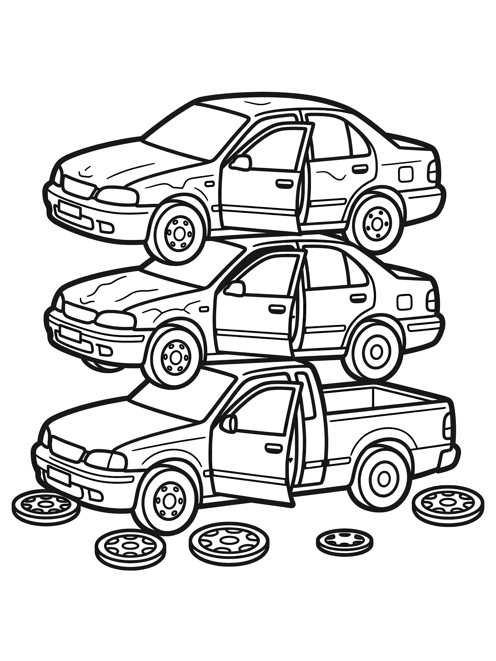 Black and white line art of three stacked junk cars, one pickup truck on bottom, sedans on top, with open doors, wheels, dents, and hubcaps on the ground.