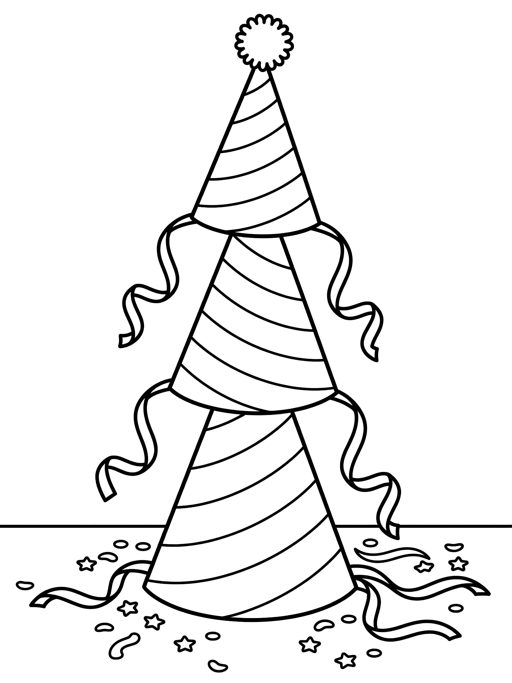 Black and white line art coloring page showing three tall party hats stacked on top of each other with stripes, pom-poms on top, long dangling ribbons, and confetti on the ground.