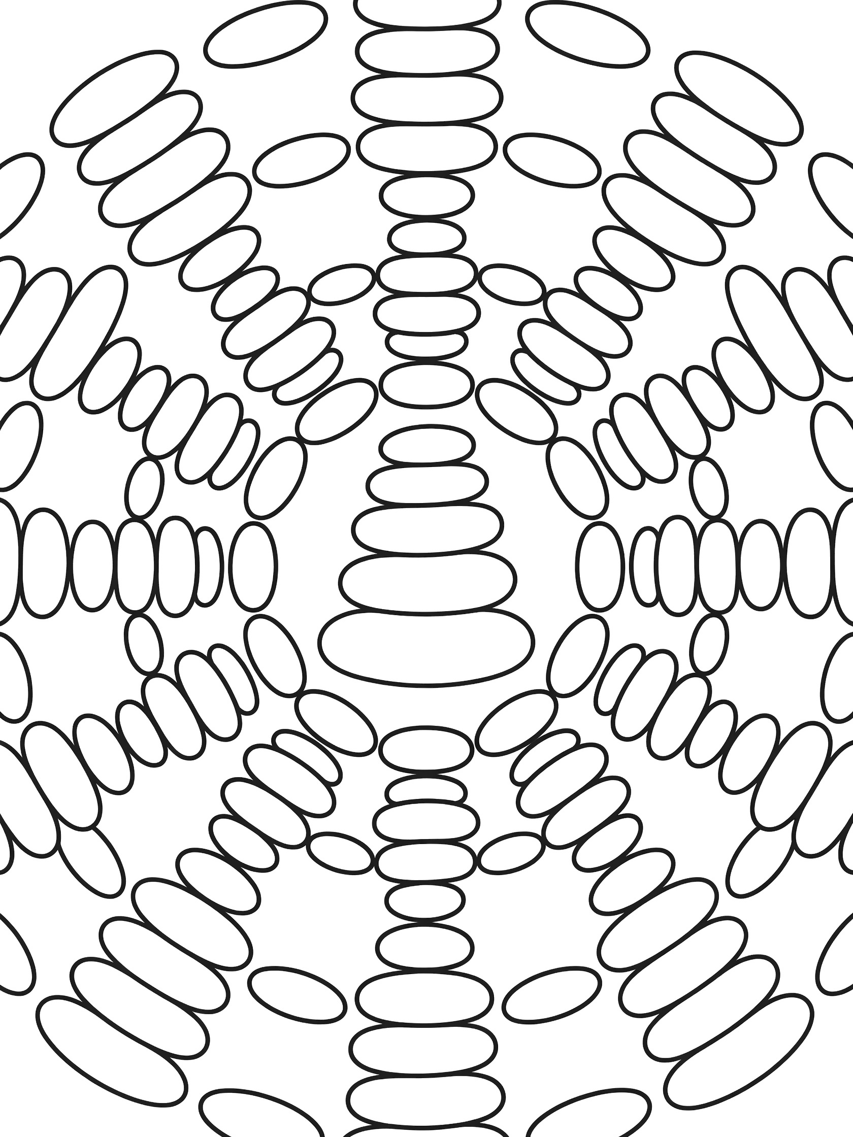 Black and white printable coloring page of a pebble mandala featuring a balanced stack of rounded pebbles in the center with identical stacks in repeating circular patterns.