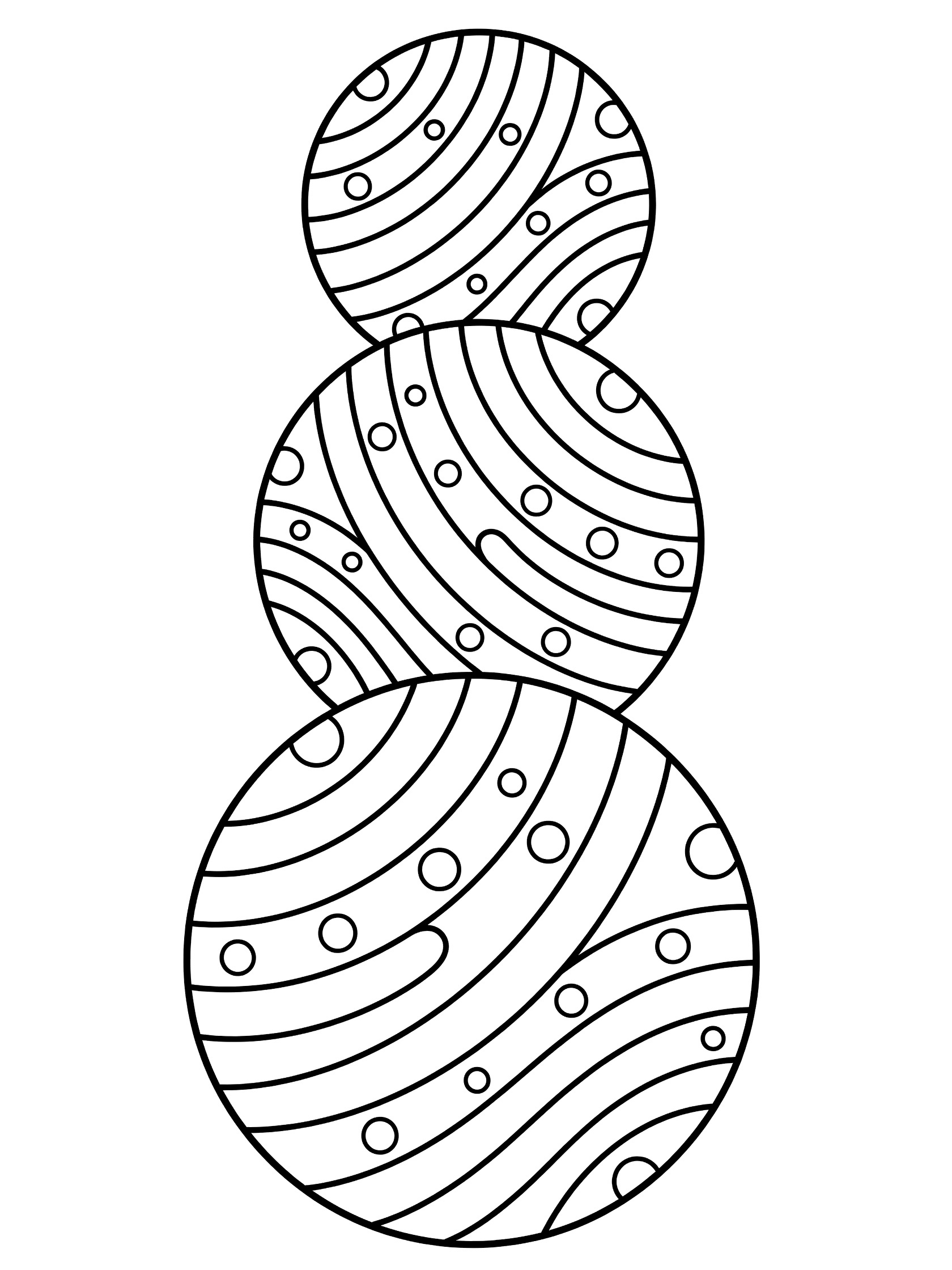 Black and white line art of three round orbs stacked on top of each other, each filled with wavy swirls, stripes and dot patterns, on a white background.