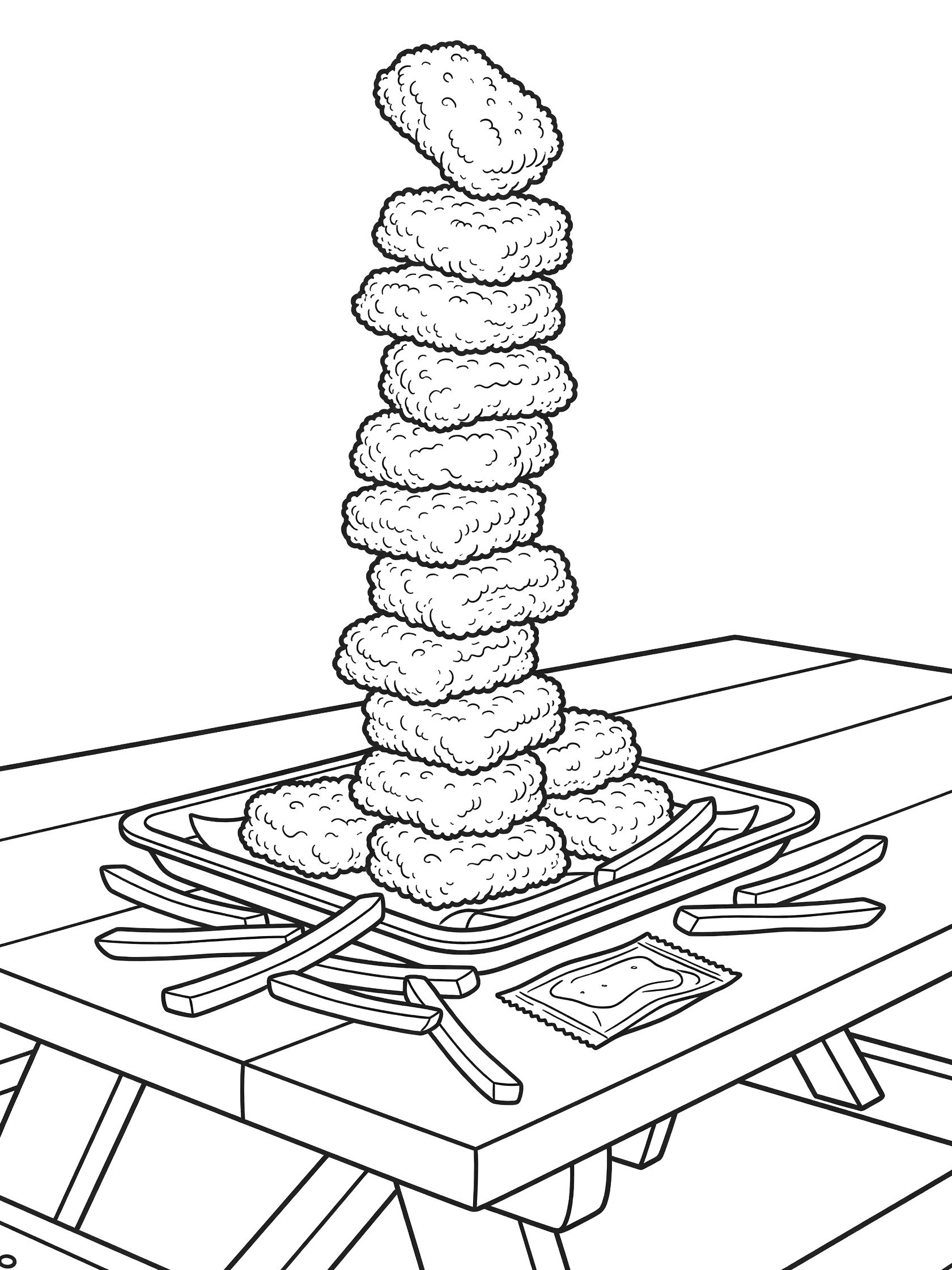 Black and white coloring page of a tall leaning tower of chicken nuggets balanced on a tray on a picnic table, with scattered fries, open sauce packet, and one nugget toppling.