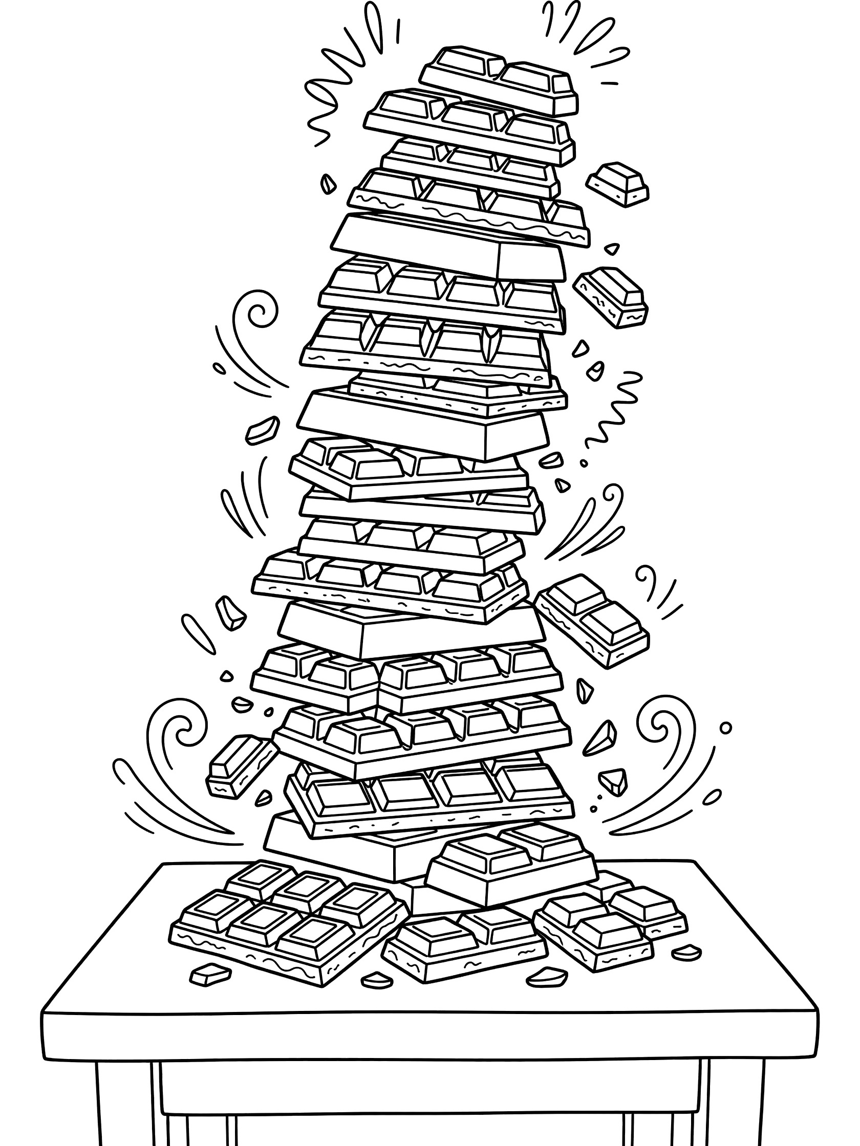 Printable coloring page showing several chocolate bars of different sizes stacked into a leaning tower on a table with tiny pieces falling off and wiggly lines.
