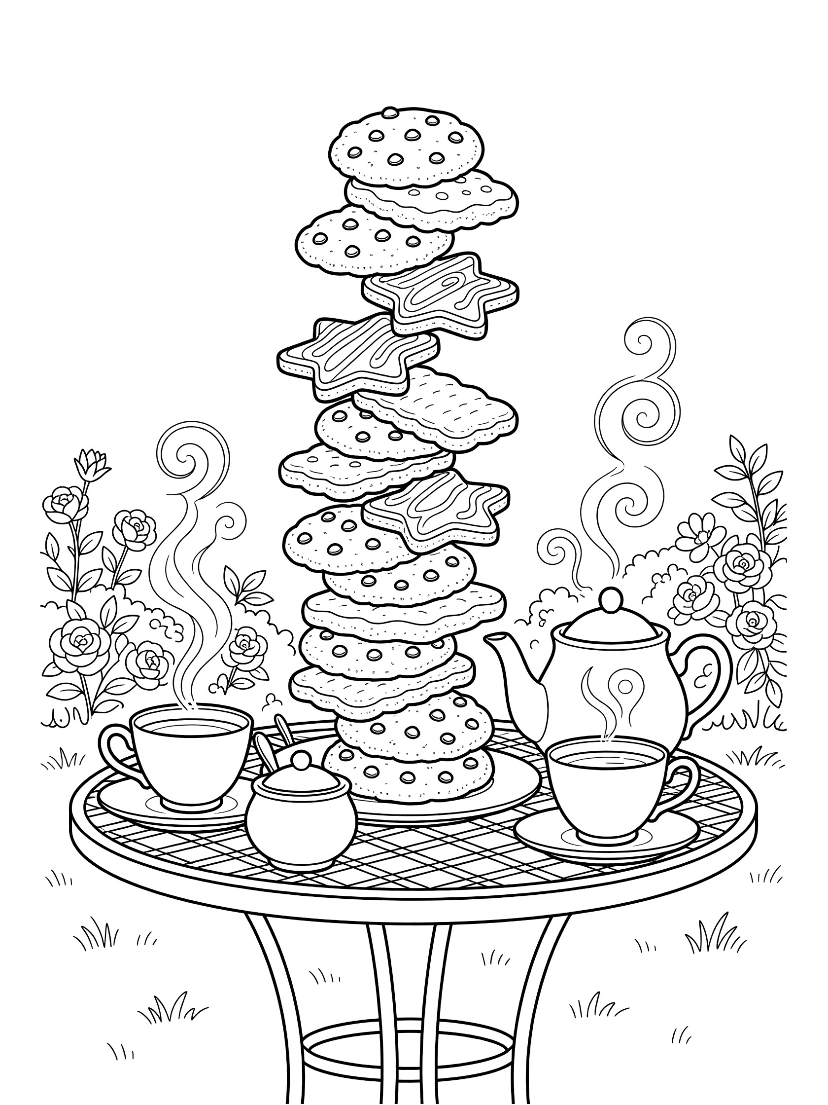 Black-and-white line art of a tall stack of different cookies balanced next to teacups and a teapot with swirly steam on a garden table.