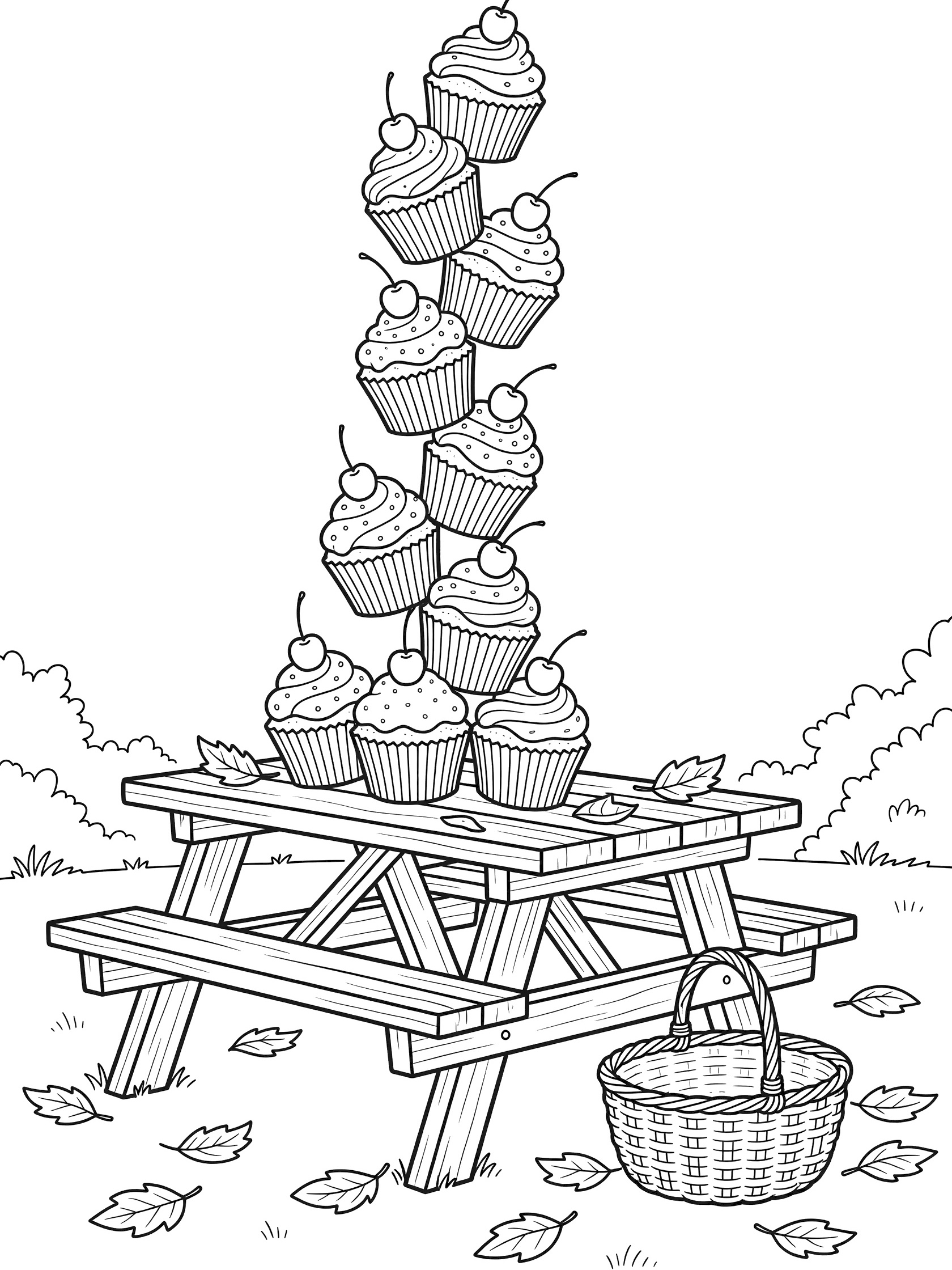 Black and white coloring page of a precarious tower of cupcakes stacked high with cherries on a park picnic table, picnic basket and fall leaves nearby