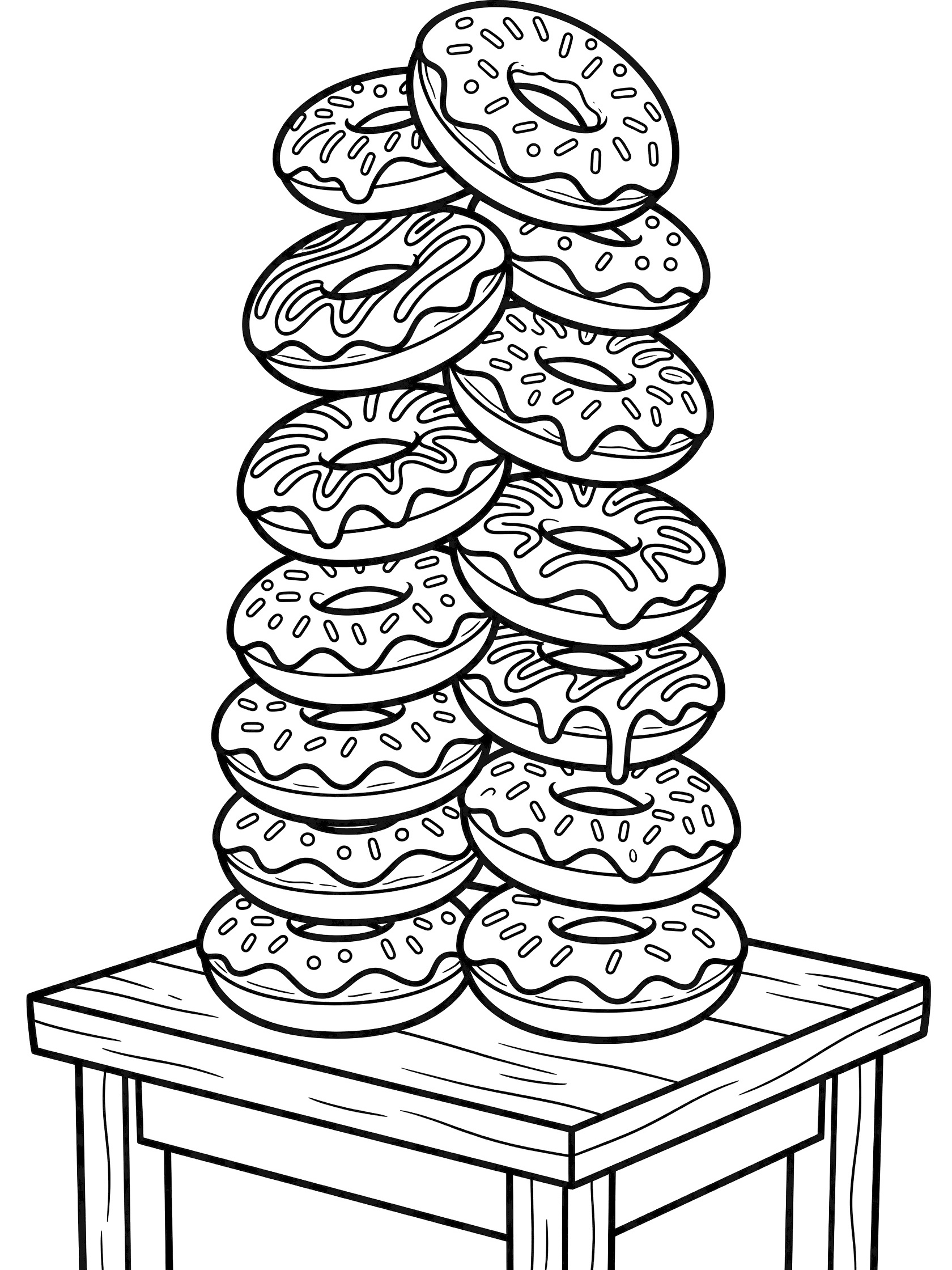 Black and white line art of a tall tower of assorted donuts stacked on a bakery table, with the top donut tipping in a balancing act.