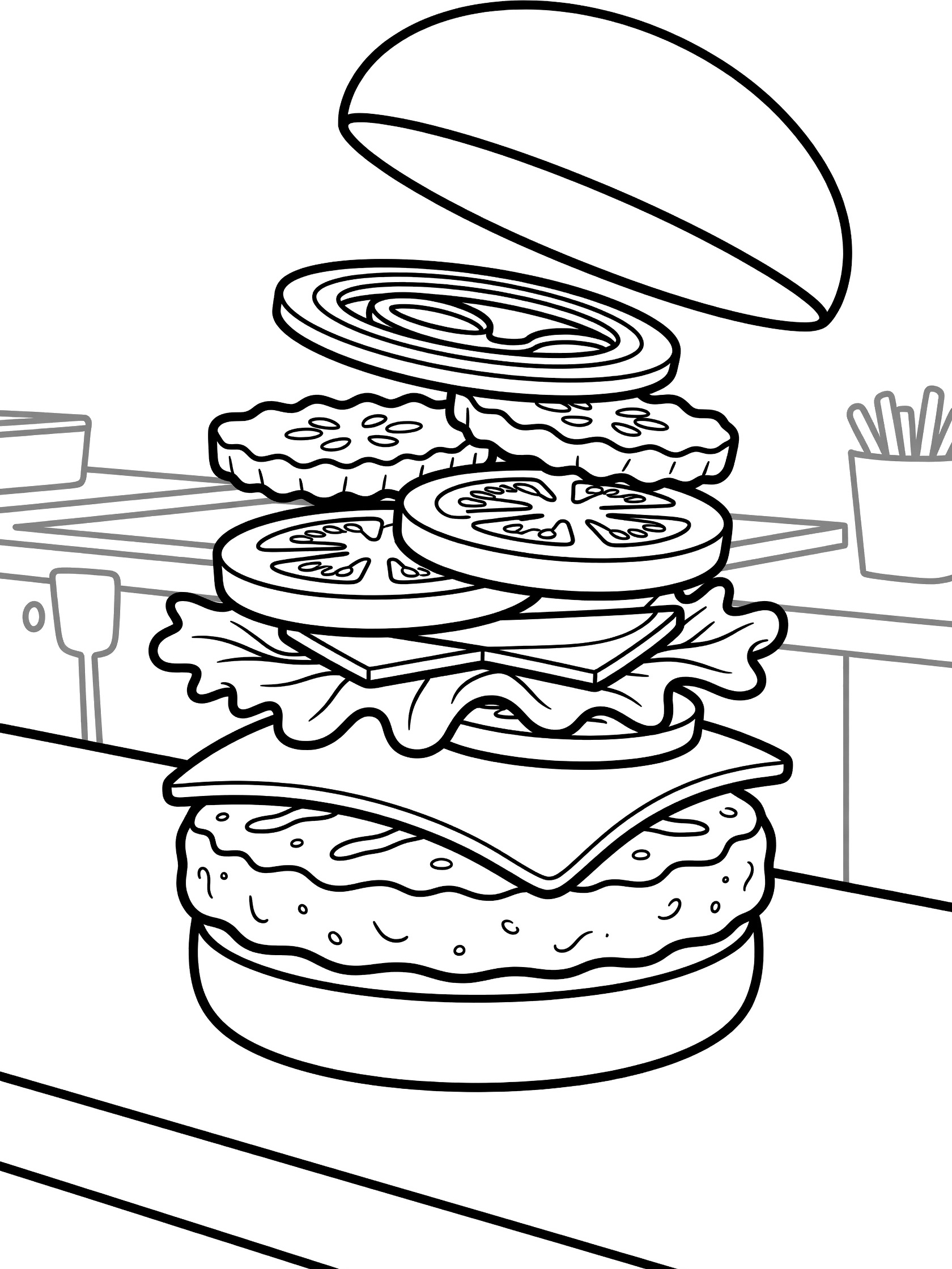 Line art coloring page showing a hamburger with bottom bun, beef patty, cheese slice, lettuce, tomato, pickle, onion ring, top bun floating above, fries and kitchen counter.