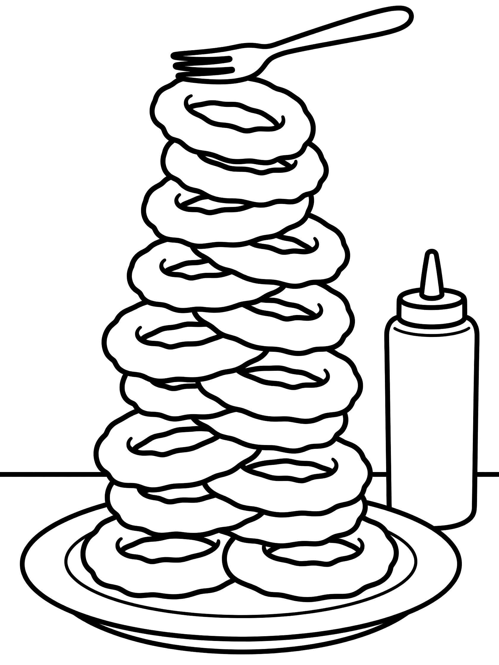 Black and white coloring page of a tall tower of onion rings stacked on a diner plate, fork holding the top ring, ketchup squeeze bottle standing beside it.
