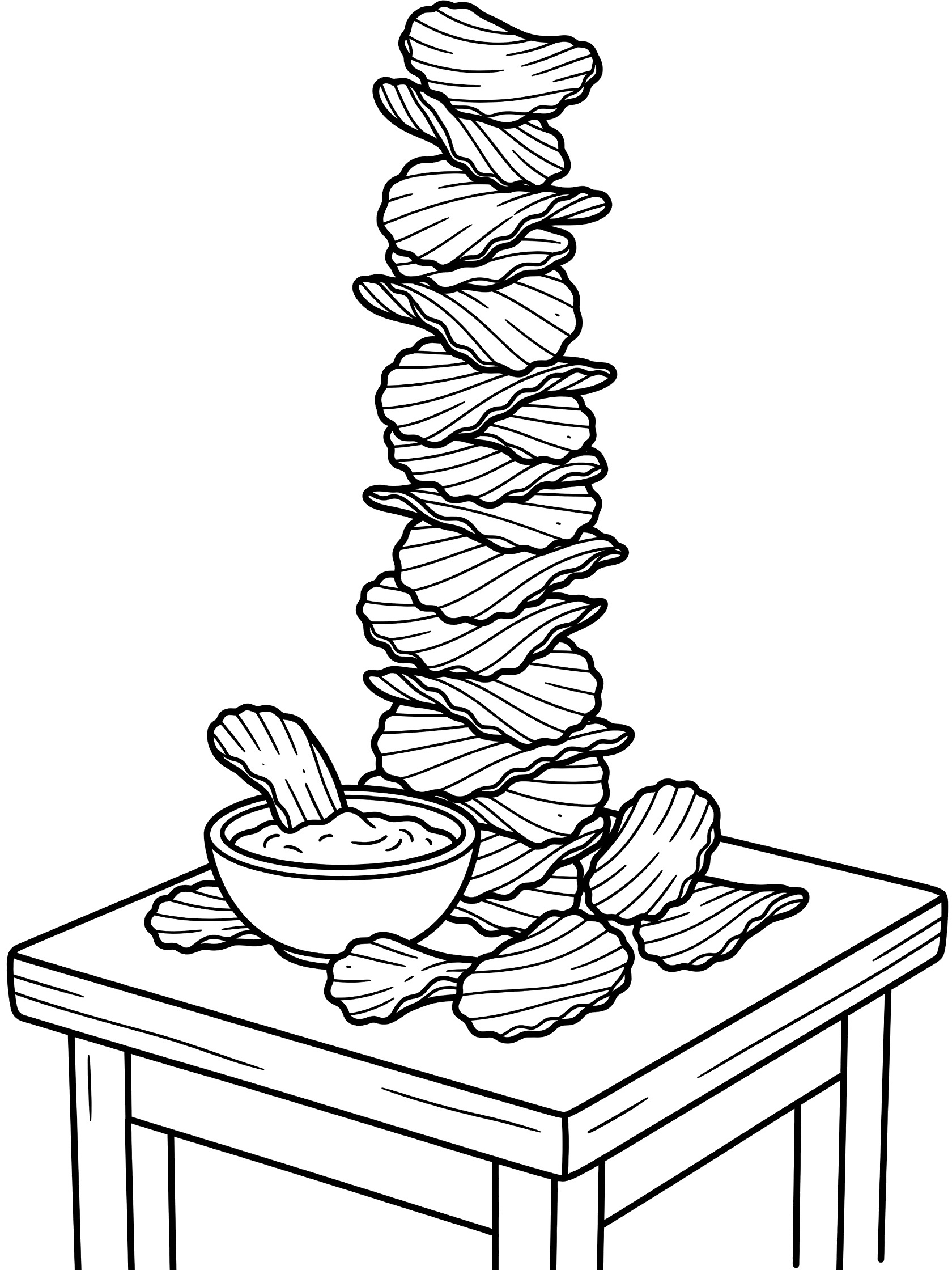 Cute cartoon line art of a stacking potato chips tower with tumbling chips at the base and a small dip bowl on a kitchen table.