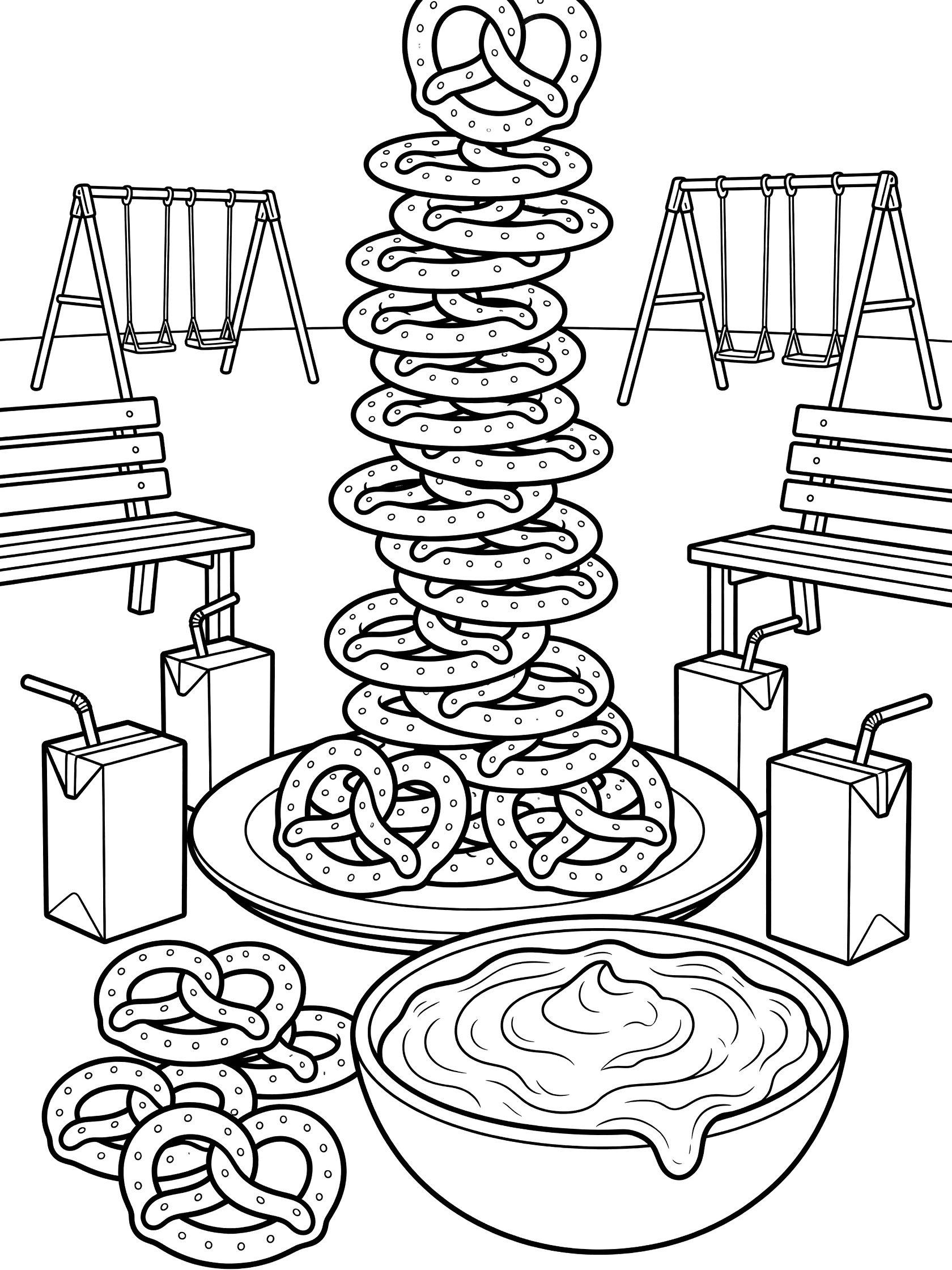 Printable coloring page showing a tall stack of pretzels like a tower next to a cheese dip bowl, juice boxes, playground swings and benches.