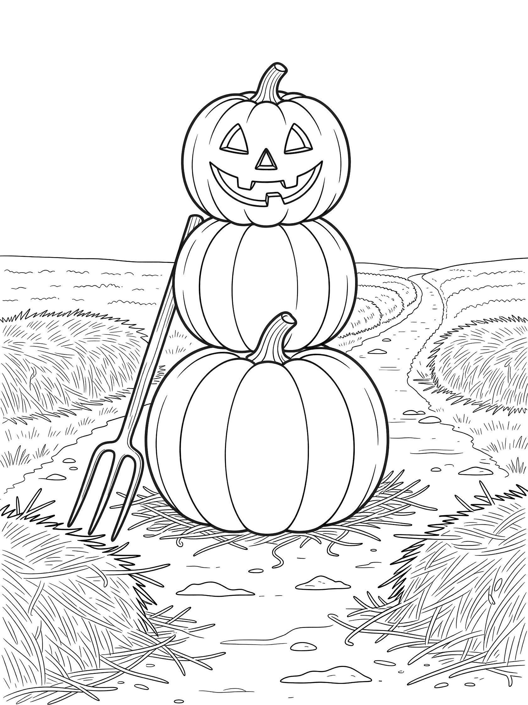 Black and white line art of stacked pumpkins forming a tower with a grinning jack-o-lantern face, pitchfork, hay bales, and farm path for coloring.