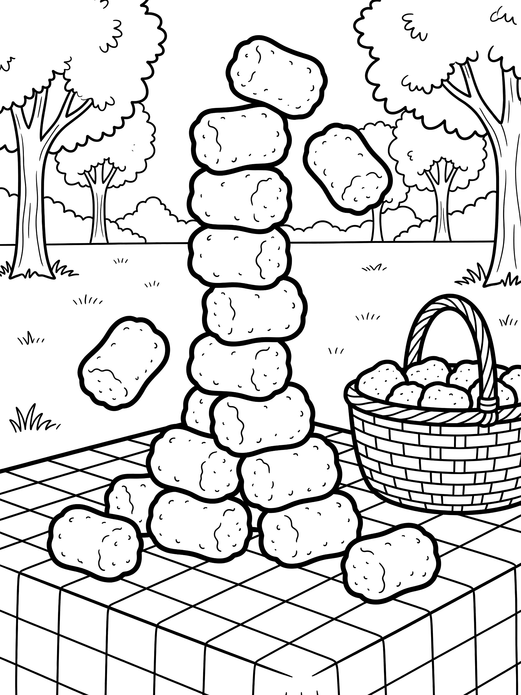 Printable coloring page showing a tall stack of tater tots forming a tower on red checkered picnic cloth, with some tots falling, a woven basket nearby, trees and grass in park setting