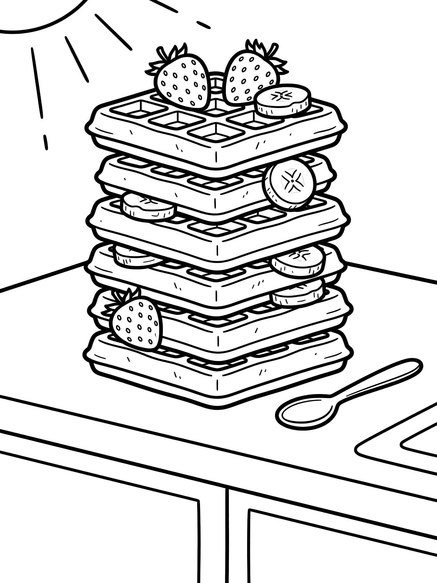 Black and white coloring page of a tall waffle tower topped with strawberries and banana slices next to a spoon on a kitchen counter with a sun shining.