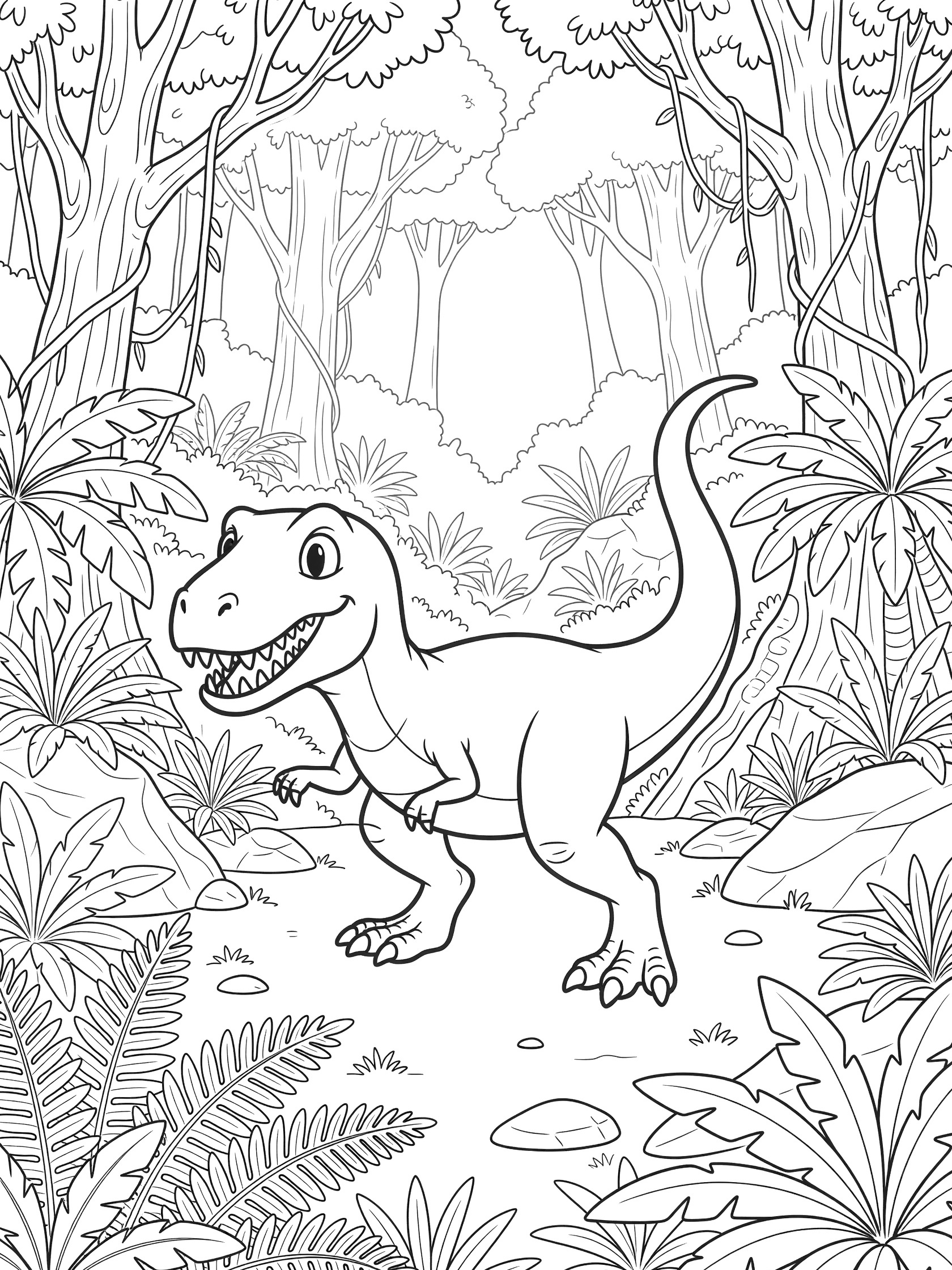 Black and white line art of a cartoon Giganotosaurus in a stalking pose with big eyes and bared teeth, surrounded by jungle ferns, vines, and trees