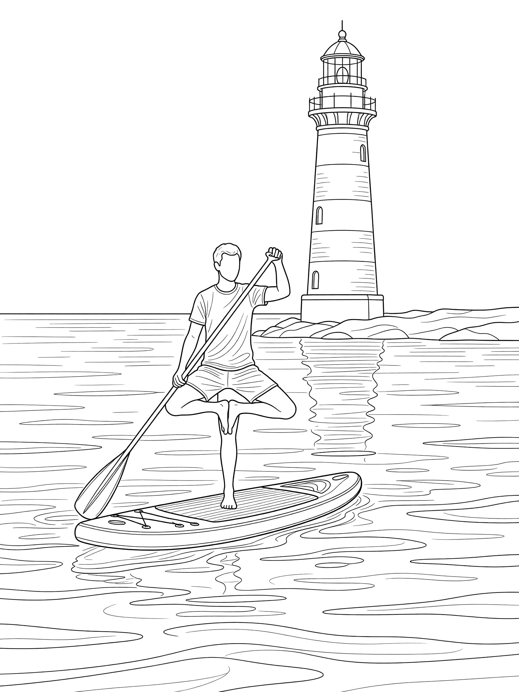 Line art coloring page showing stand up paddleboarder balancing in yoga tree pose on paddleboard with paddle, surrounded by ocean waves and lighthouse.