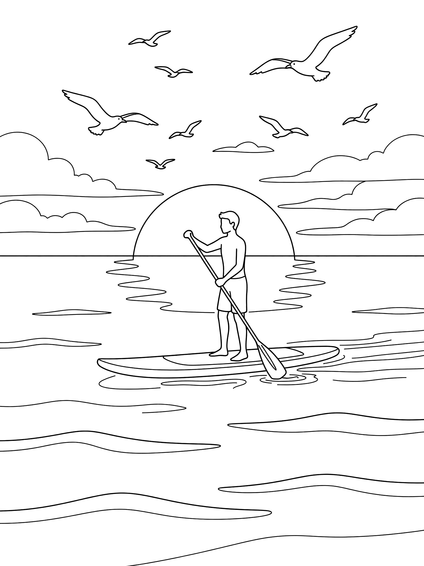 Black and white line art of a stand up paddleboarder gliding on ocean waves at sunset with paddle in water, seagulls overhead, and colorful sky ready to color.
