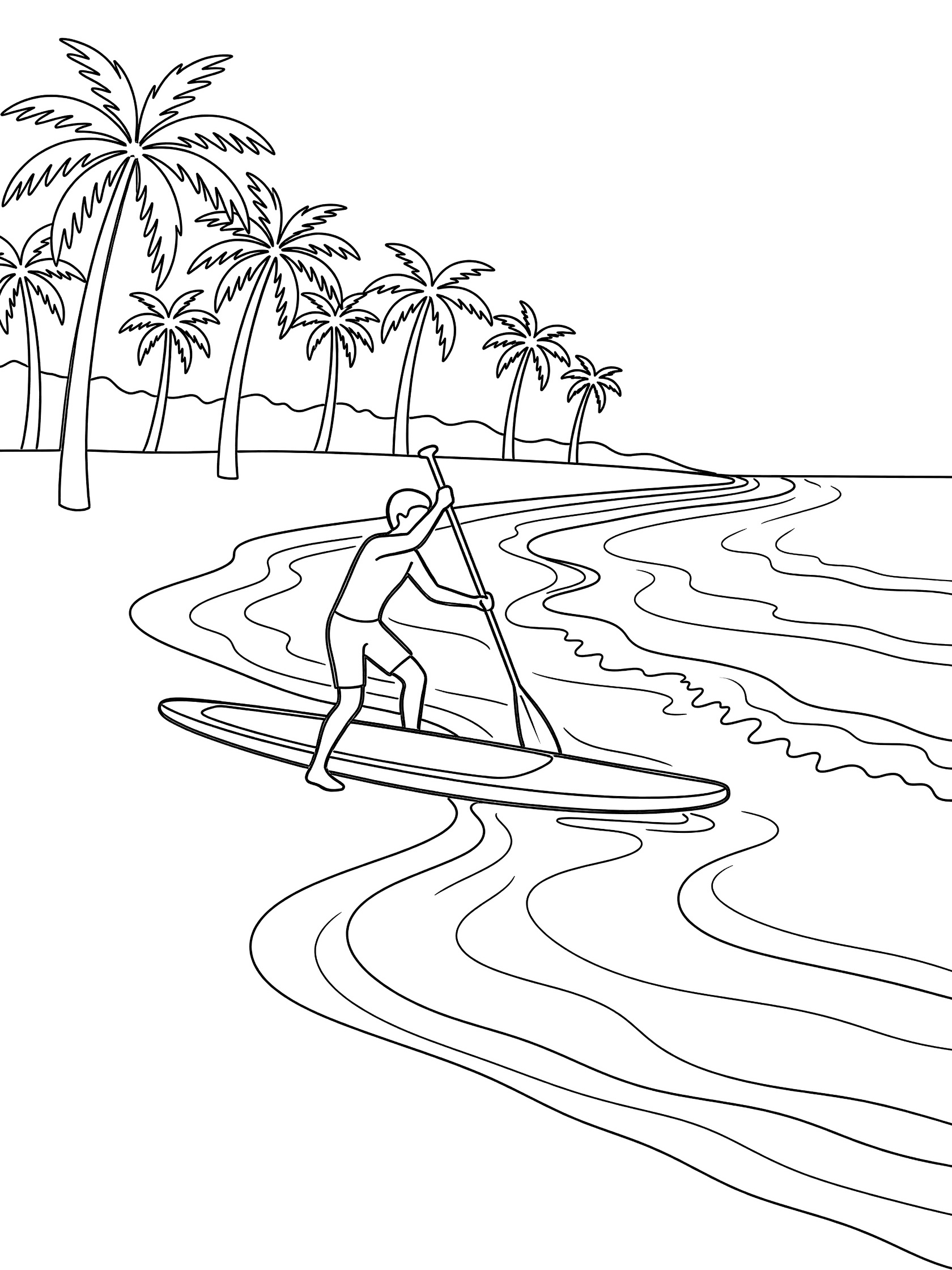 Black and white coloring page of a person pushing a stand up paddleboard from the beach into shallow waves, holding a paddle, with palm trees and ocean lines.