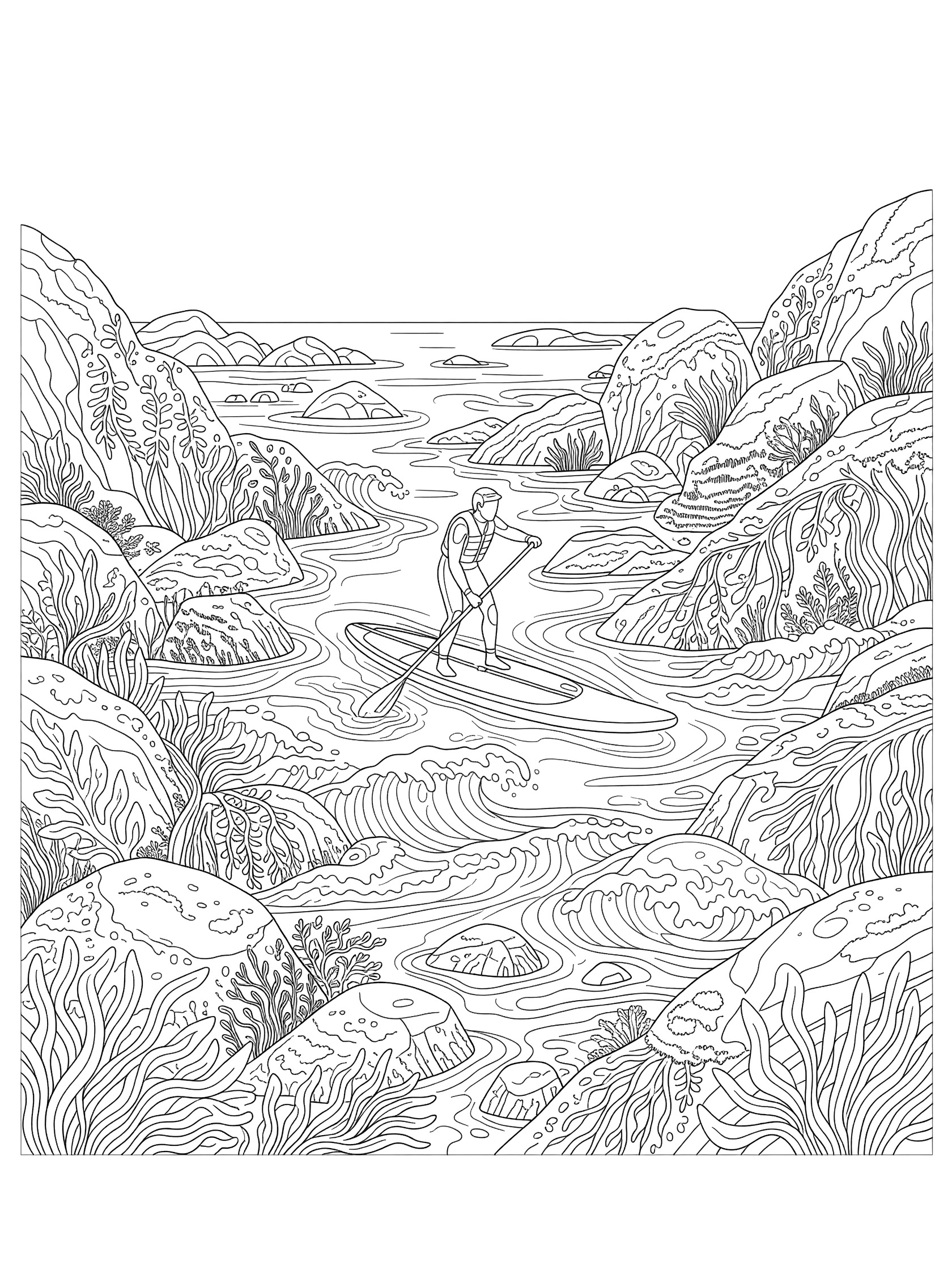 Black and white coloring page of a paddler on a stand up paddleboard steering carefully amid detailed coastal rocks and small waves in a cove.