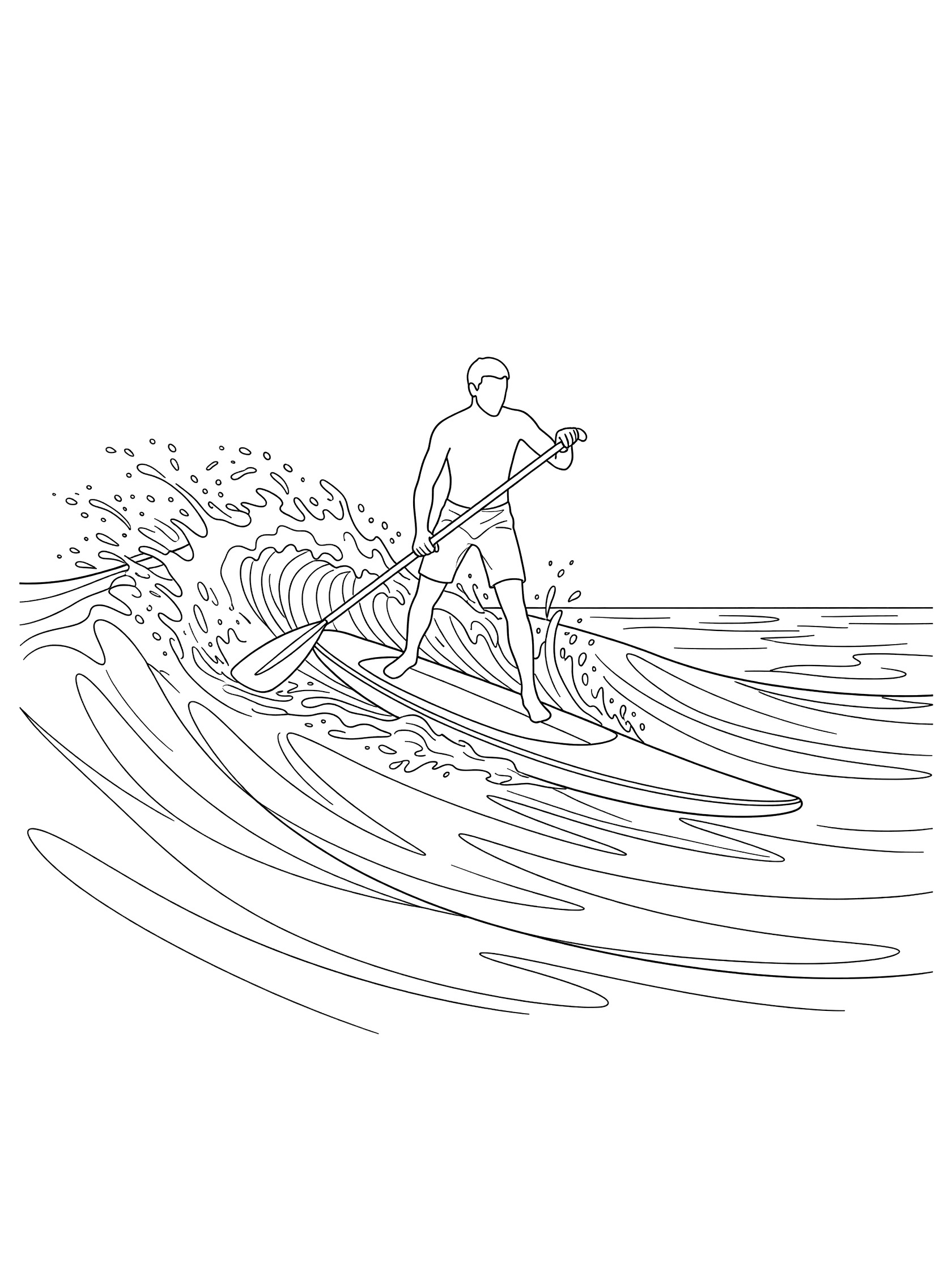 Line art coloring page showing a stand up paddleboarder balancing on a board over a curling wave with paddle in water and sea spray.