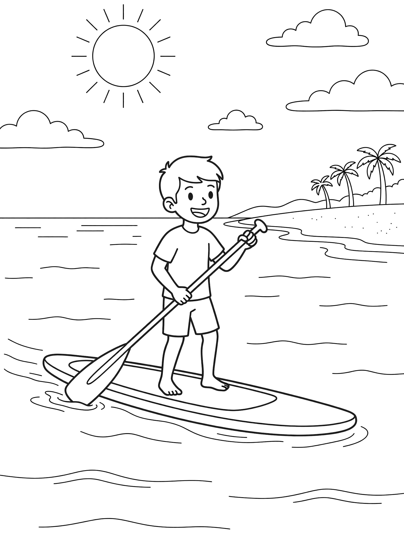 Black-and-white coloring page of a smiling boy stand up paddleboarding on calm ocean waves under a sunny sky with clouds, palm trees on shore.