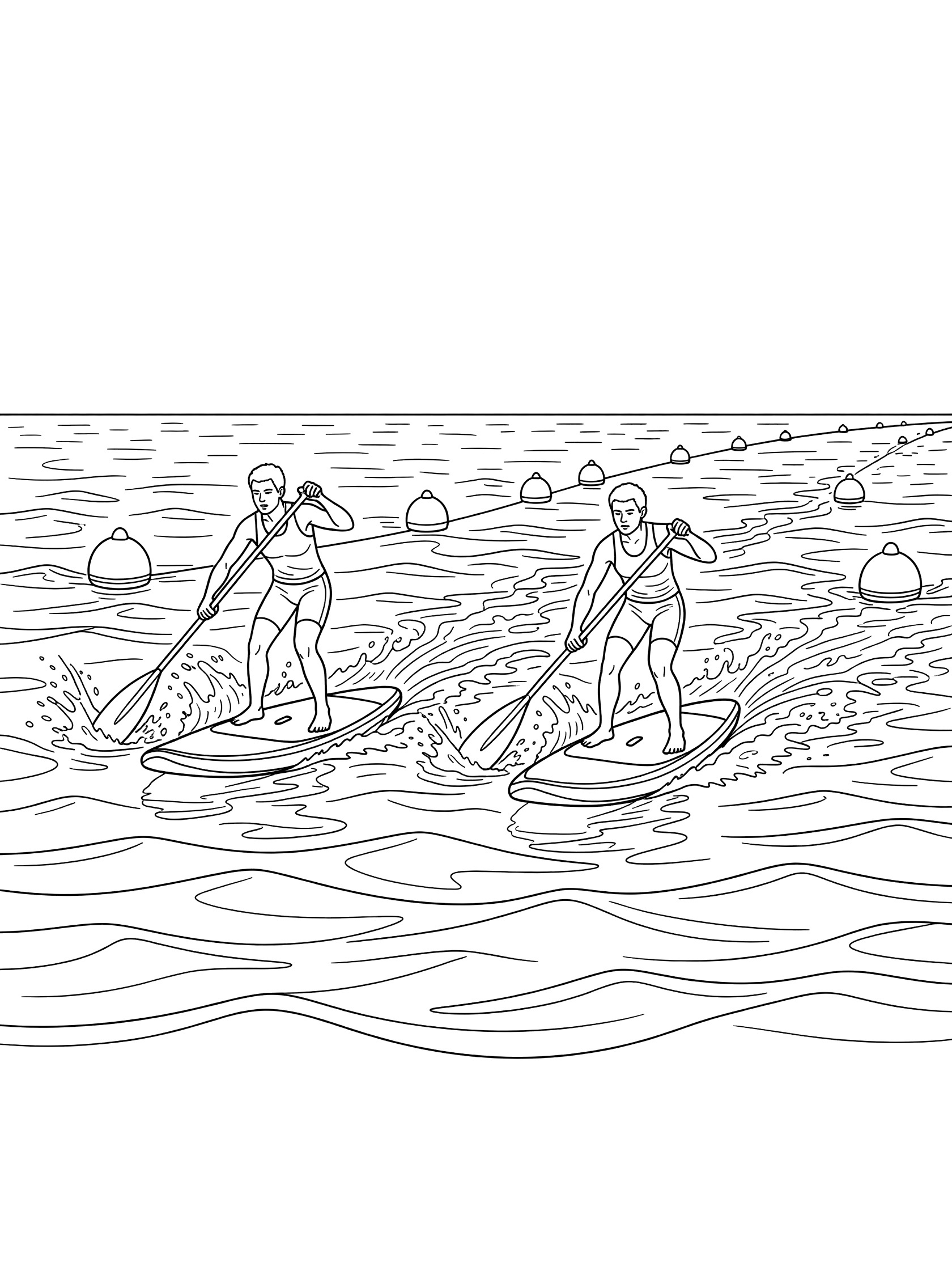 Black and white coloring page of two people stand up paddleboarding in a friendly race on wavy ocean water with buoys ahead.