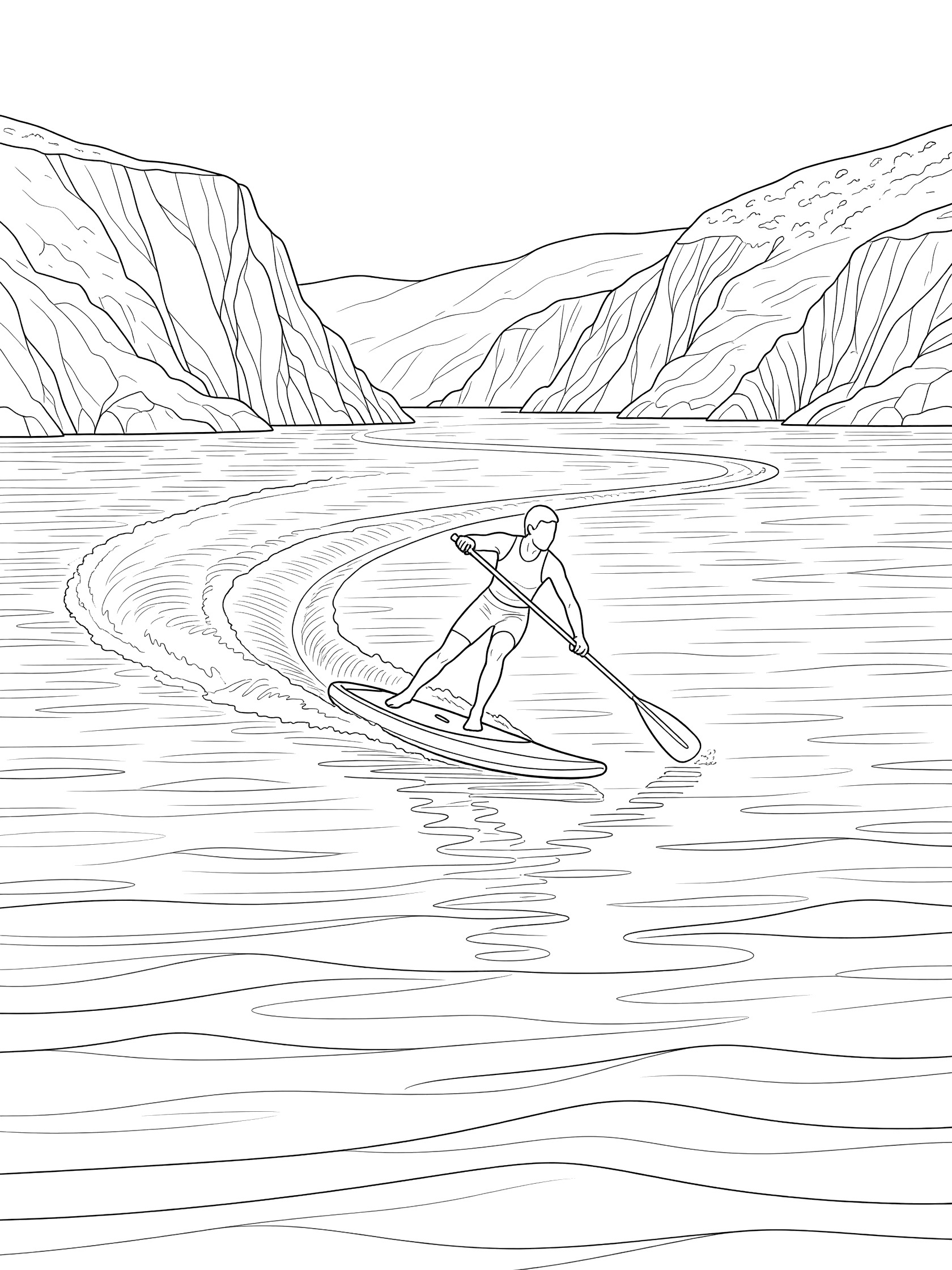 Black and white coloring page showing a stand up paddleboarder leaning into a sharp turn on the water with paddle extended, surrounded by cliffs and waves.
