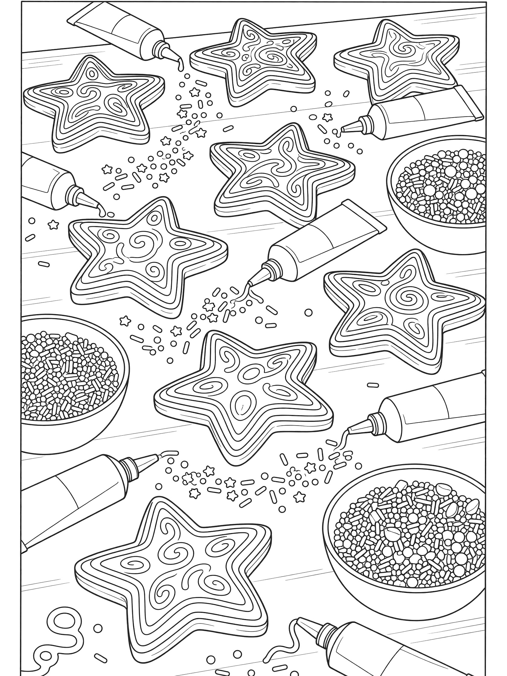 Printable coloring page showing an assortment of star-shaped cookies being decorated with icing from tubes, colorful sprinkles, and bowls on a table