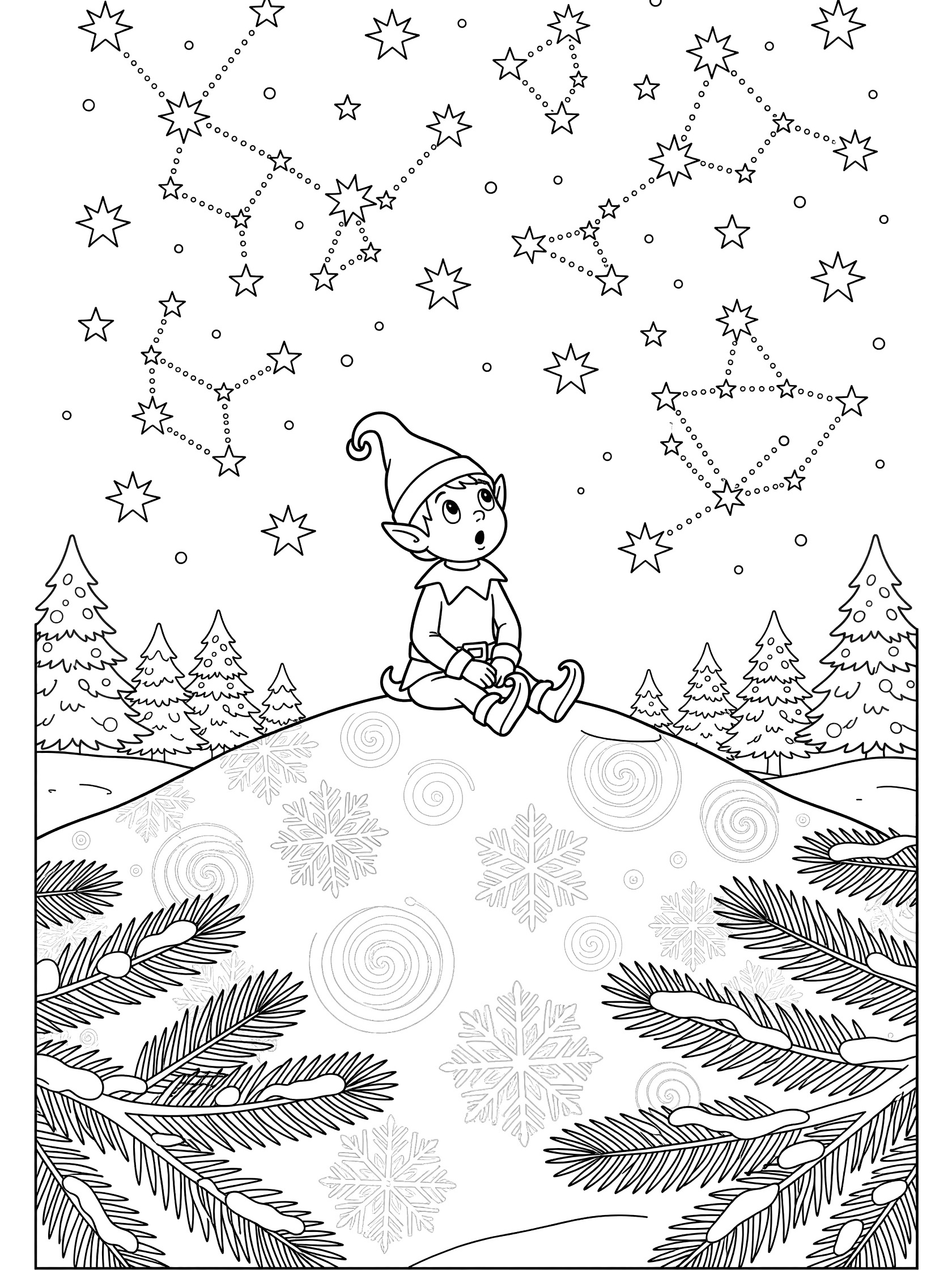 Black and white line art coloring page showing a whimsical elf with pointy hat gazing at starry sky, surrounded by snowflakes and pine branches on a snowy hill.