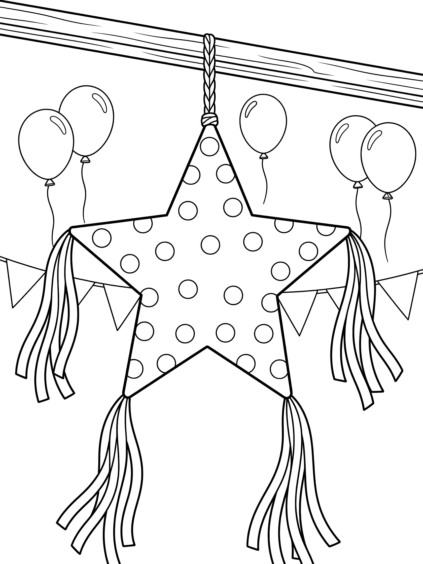 Black and white line art coloring page showing a large polka dot star piñata hanging from a wooden beam by a rope, surrounded by balloons, with ribbons and tassels.