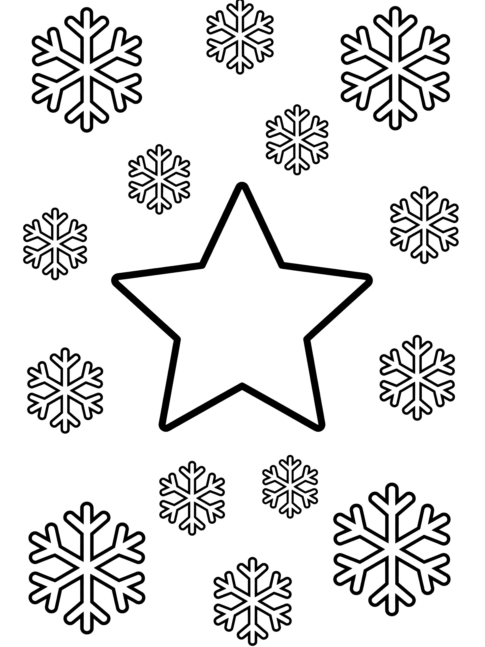 Printable coloring page showing a large five-pointed star in the center with scattered geometric snowflakes around it in a Christmas theme