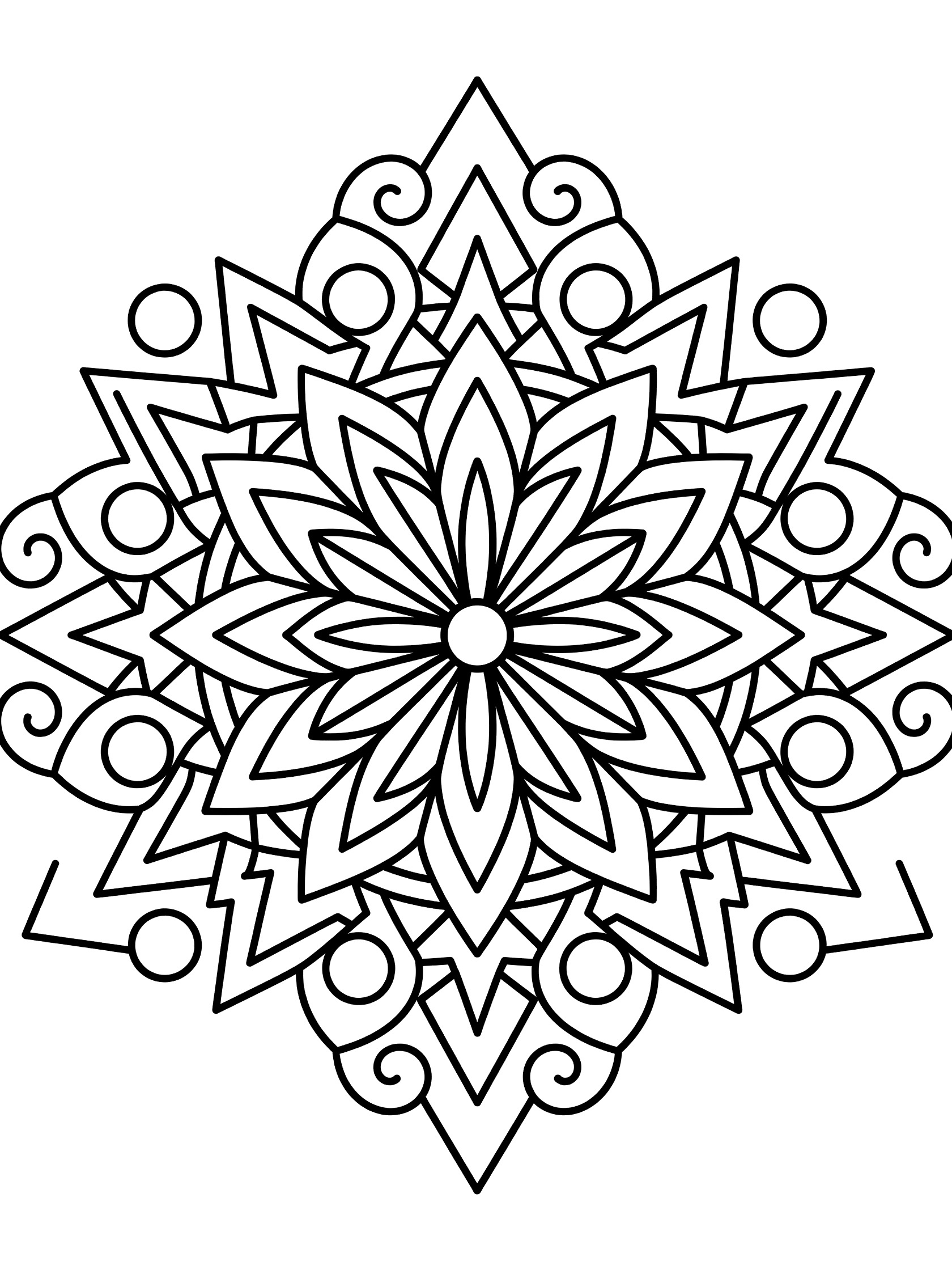 Simple black and white starburst butterfly mandala coloring page with radiating geometric patterns and bold outlines on white background