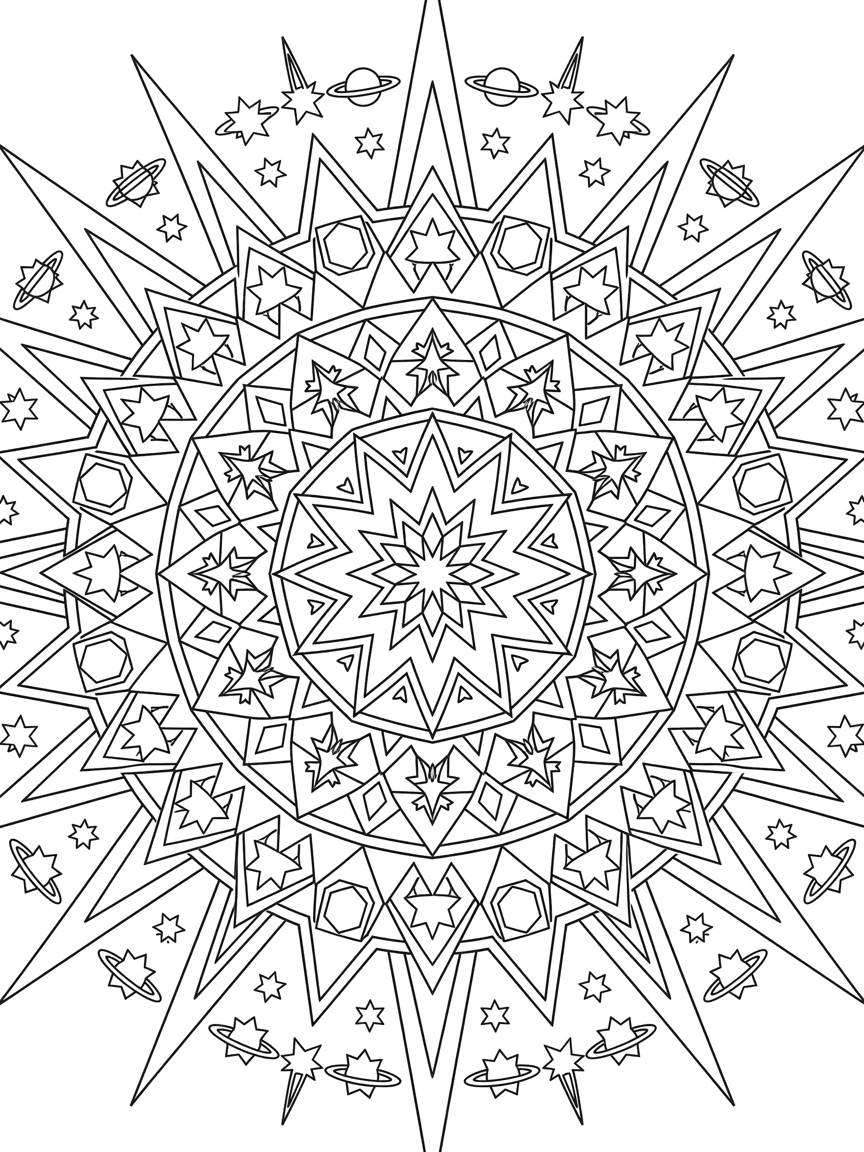 Intricate black-and-white starburst mandala coloring page featuring a central star with radiating triangular rays, orbiting stars, and geometric comets on a white background.