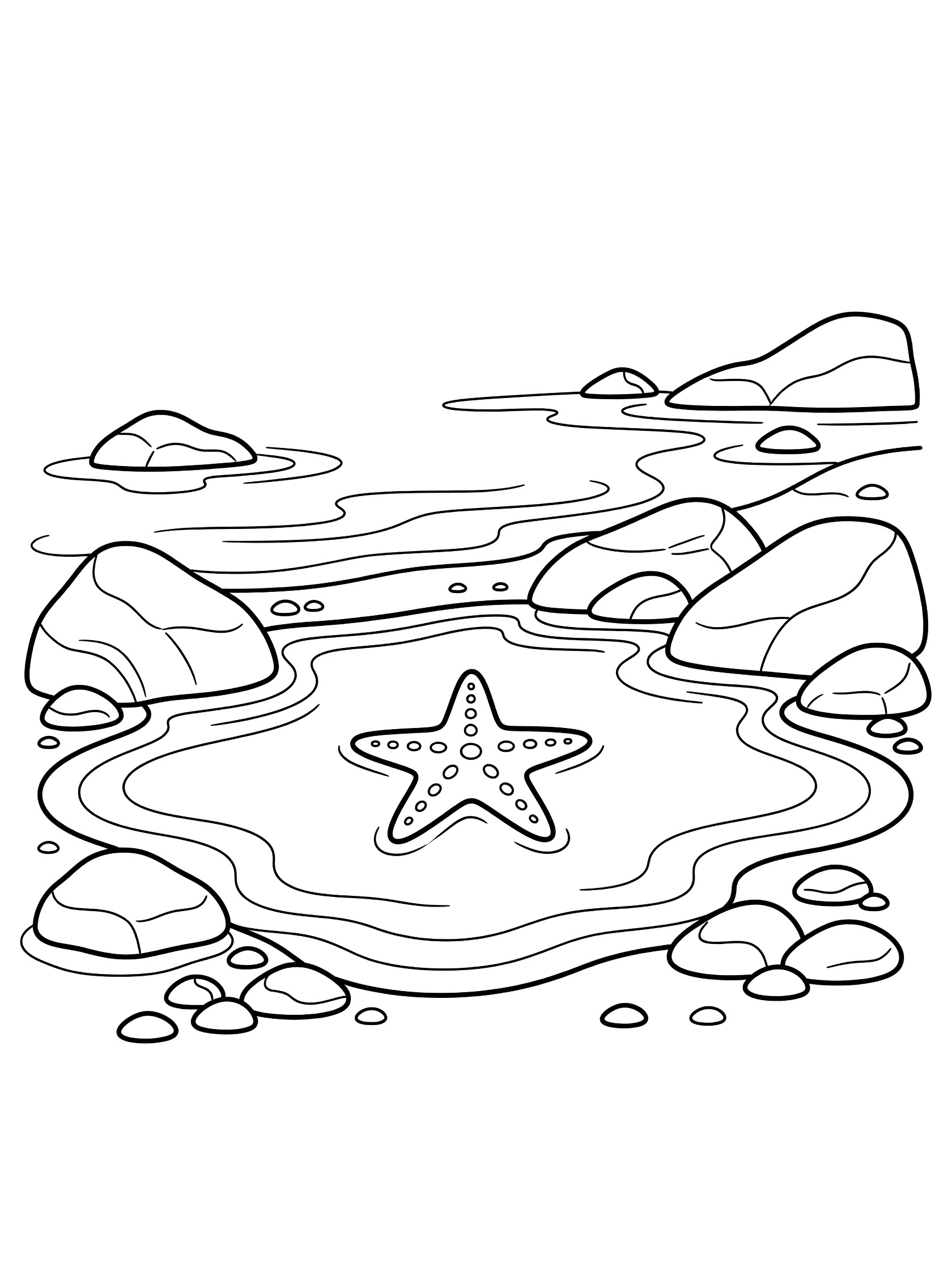 Black and white coloring page of a starfish sitting in a round tide pool surrounded by rocks and small pebbles with soft waves around the edges.