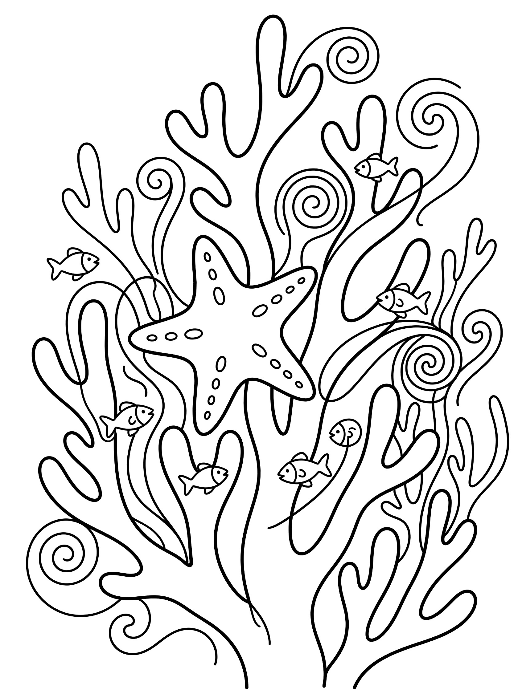 Printable coloring page showing a large starfish attached to tall branching coral, small fish swimming nearby, and swirly seaweed patterns, all in black outlines on white background.