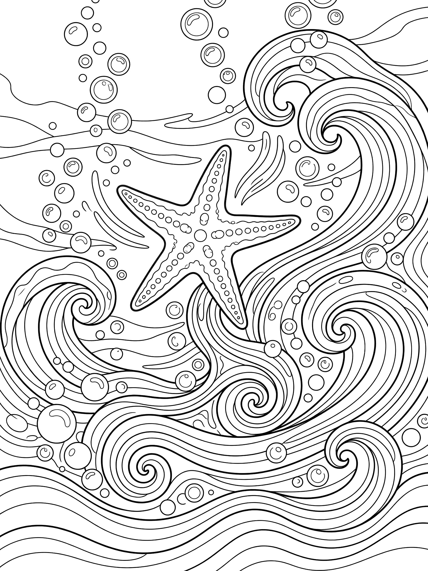 Black and white coloring page showing a detailed starfish with five arms amid flowing ocean waves and clusters of bubbles.